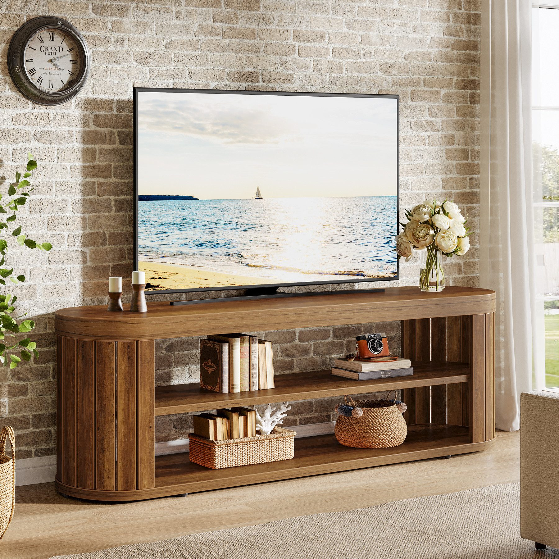 Tribesigns TV-Ständer für Fernseher bis zu 55 Zoll, 120cm Entertainment-Center, (bis 65 Zoll, ovaler TV-Konsole für Wohnzimmer und Schlafzimmer, rustikales Braun, mit 2-stöckigen offenem Stauraum und verstellbaren Fuß Polstern)