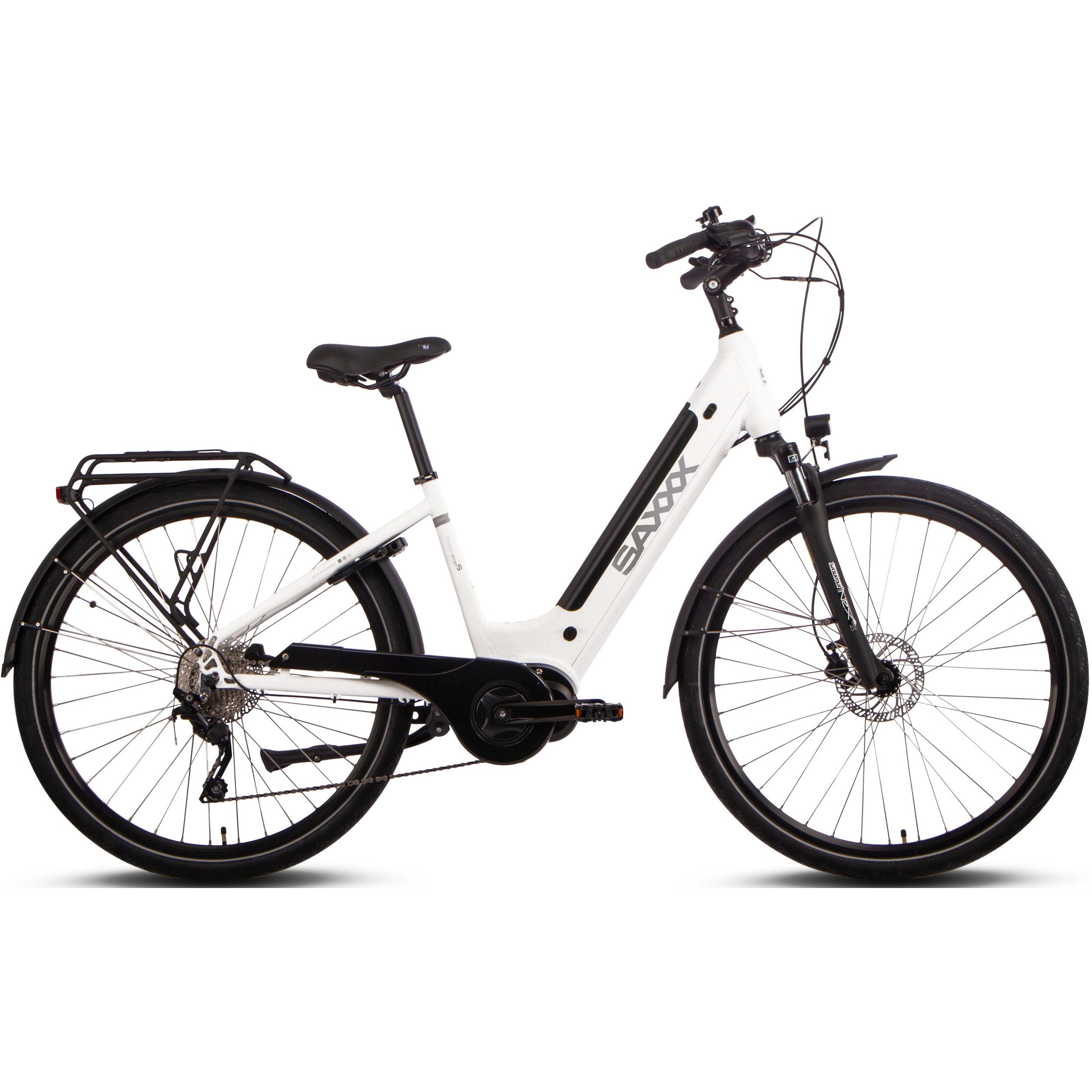 SAXXX E-Bike Trekkingrad mit 250W Motor, pannensicheren Reifen & integriertem Rahmenschloss, 10 Gang SHIMANO Deore Schaltwerk, Kettenschaltung, Mittelmotor, 522 Wh, (mit Akku-Ladegerät, mit Akku-Schlüssel, mit Rahmenschloss), Akku entnehmbar, Federgabel, Pedelec, E-Trekkingrad mit Gepäckträger