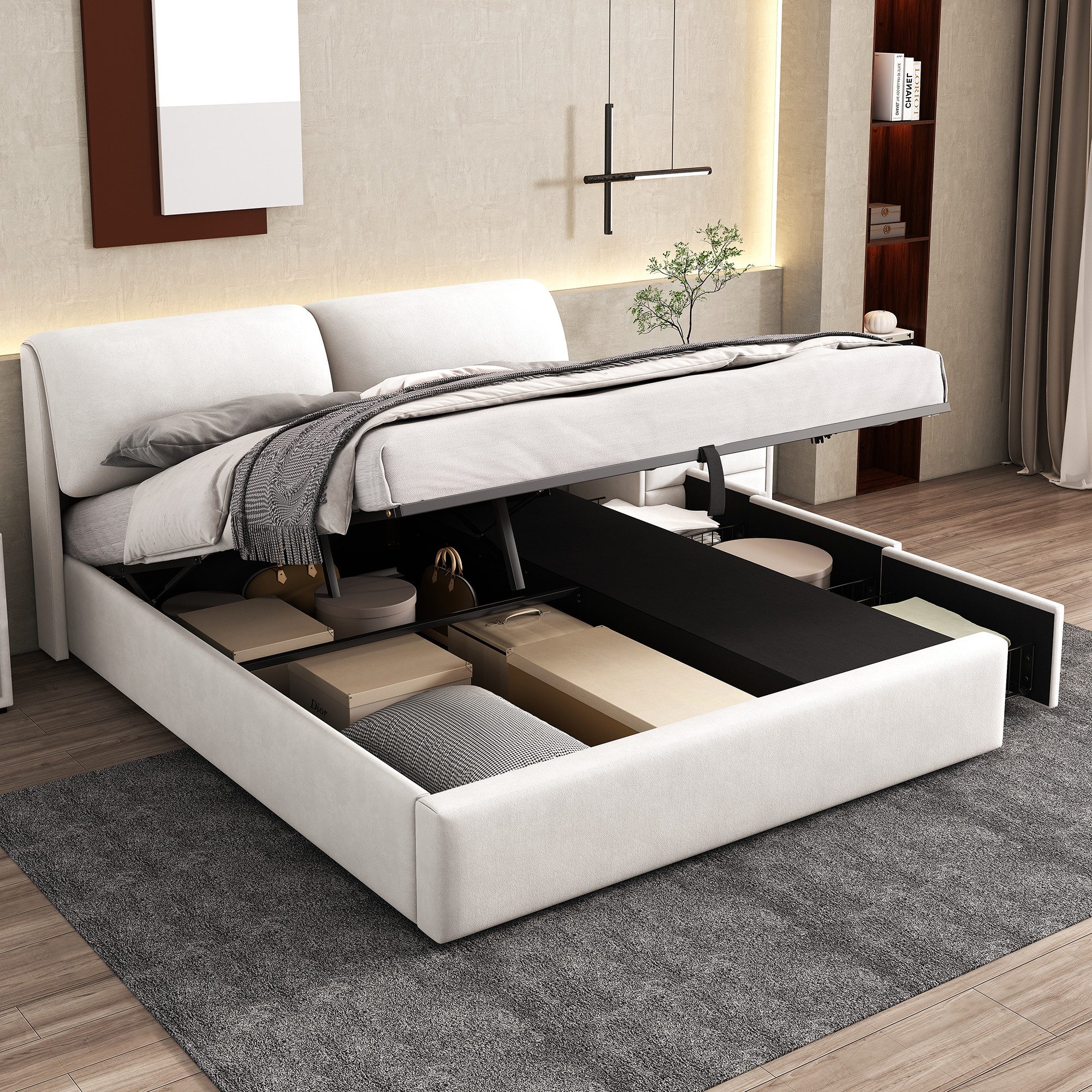 OKWISH Polsterbett Hydraulisches Bett (180*200cm), mit 3 Schubladen,Bettkasten zur Aufbewahrung, Lattenrost mit Kopfteil