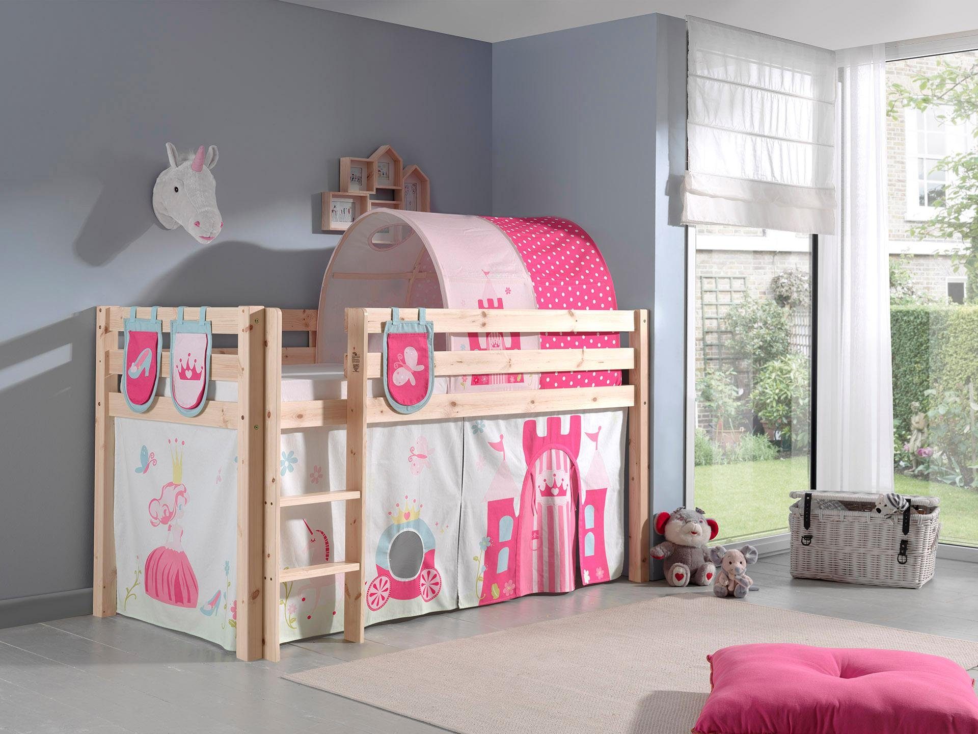 Vipack Hochbett Pino, Spielbett massiv Kiefer, stabil gebaut, 3 Korpusfarben zur Wahl (inkl. Rolllattenrost, Leiter und Absturzschutz, mit oder ohne Rutsche) Textil-Set "Princess", inkl. Vorhang, mit oder ohne Tunnel