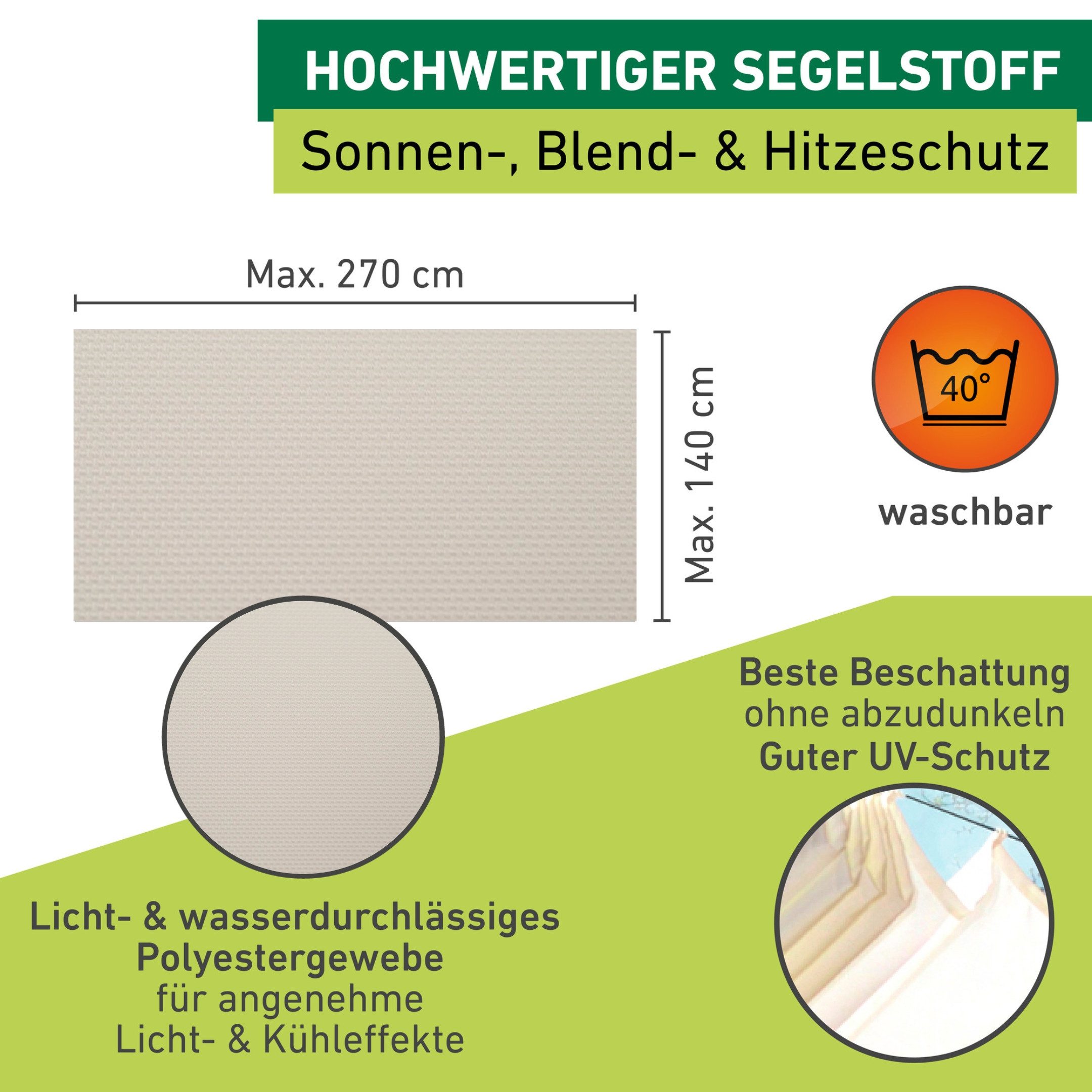 Windhager Sonnensegel, für Seilspannmarkise, inklusive Laufhaken, 2,7x1,4 m