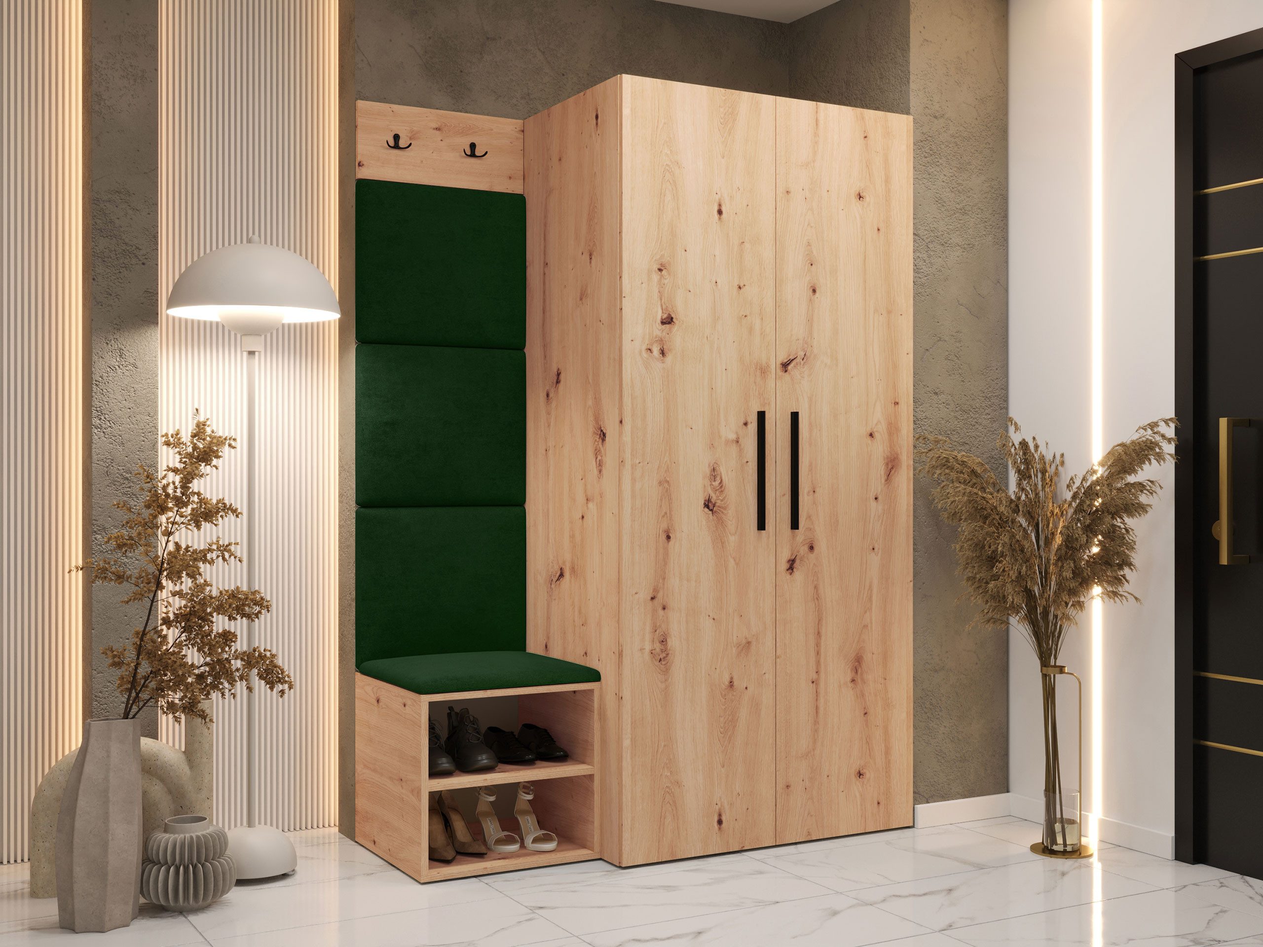 MIRJAN24 Garderoben-Set Medi IV, (Drehtürenschrank, Schuhschrank, 4x Paneel 42x42), 2 Kleiderhaken für Kleidung