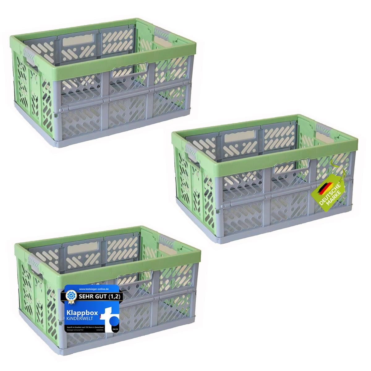KiNDERWELT Klappbox 3x Premium Faltbox 45 L mit Soft-Touch Griffen, aus hochwertigem Kunststoff