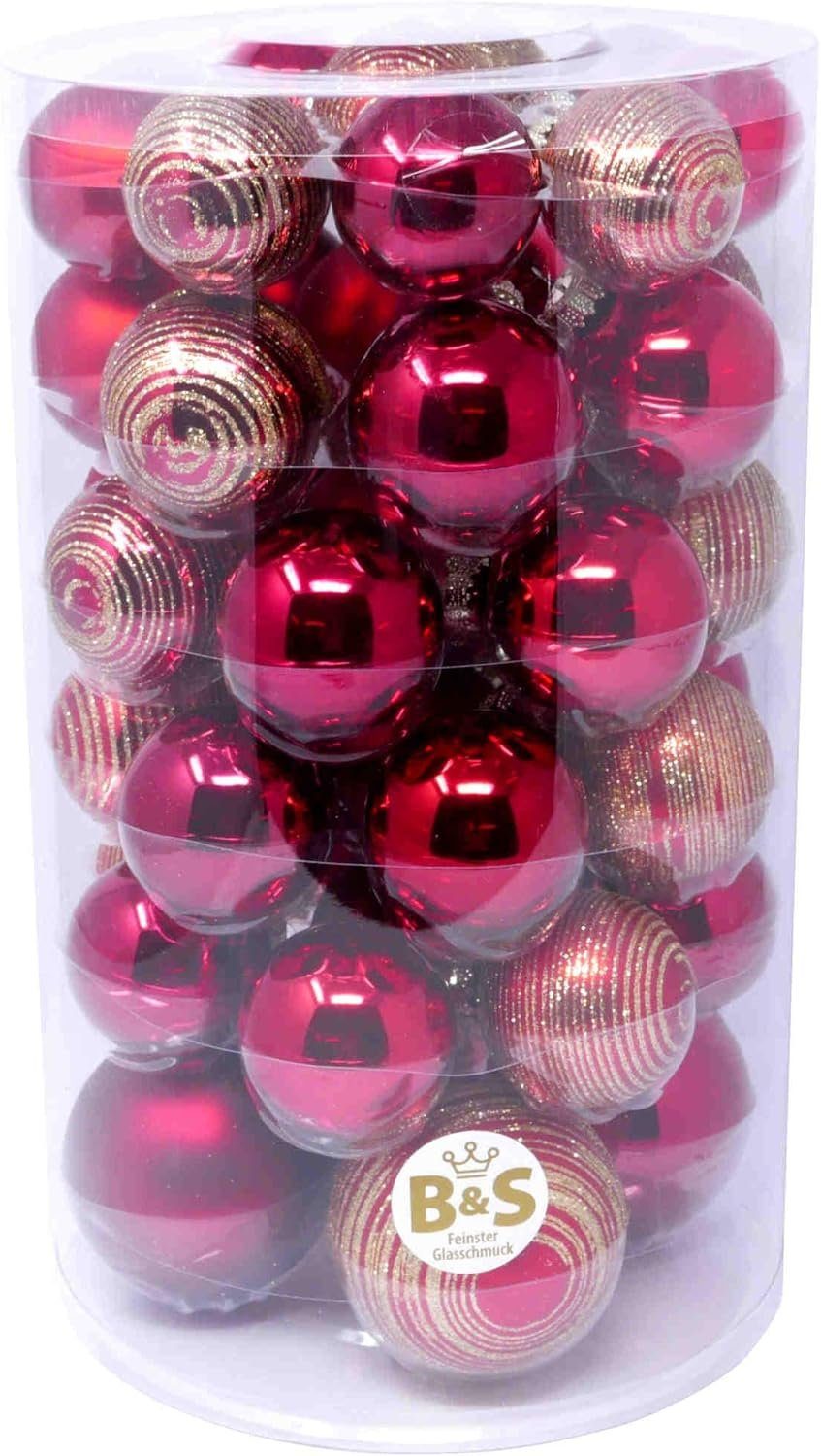 B&S Weihnachtsbaumkugel Weihnachtskugel-Set Glas 46 teilig - 3 Größen - rot Mix Glitzer