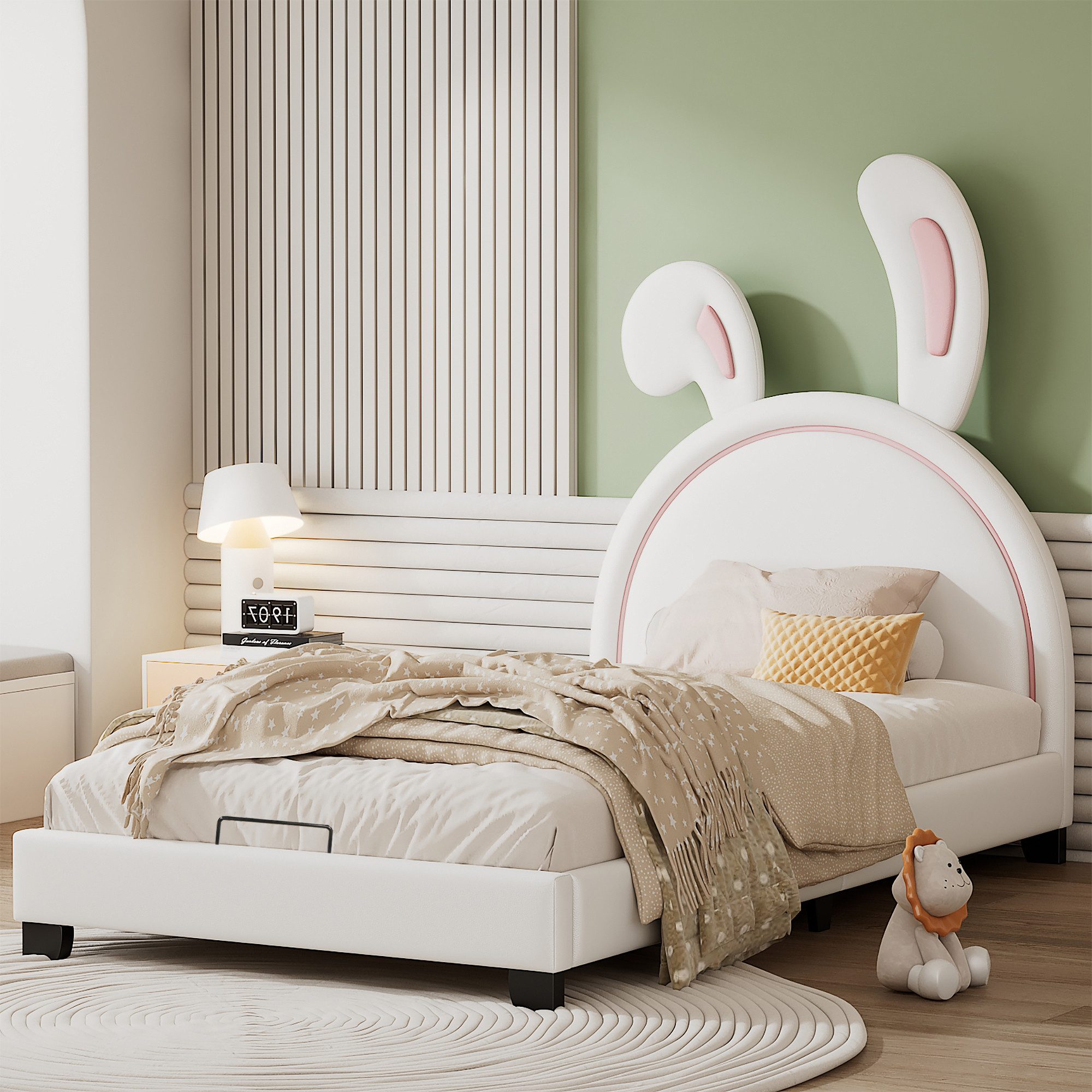 STILVORA Bett 90×200 Polsterbett mit matratze,Bett mit Lattenrosten in Hasenohrform (mit Lattenrosten und Rückenlehne, mit erhöhten Füßen), mit Matratze
