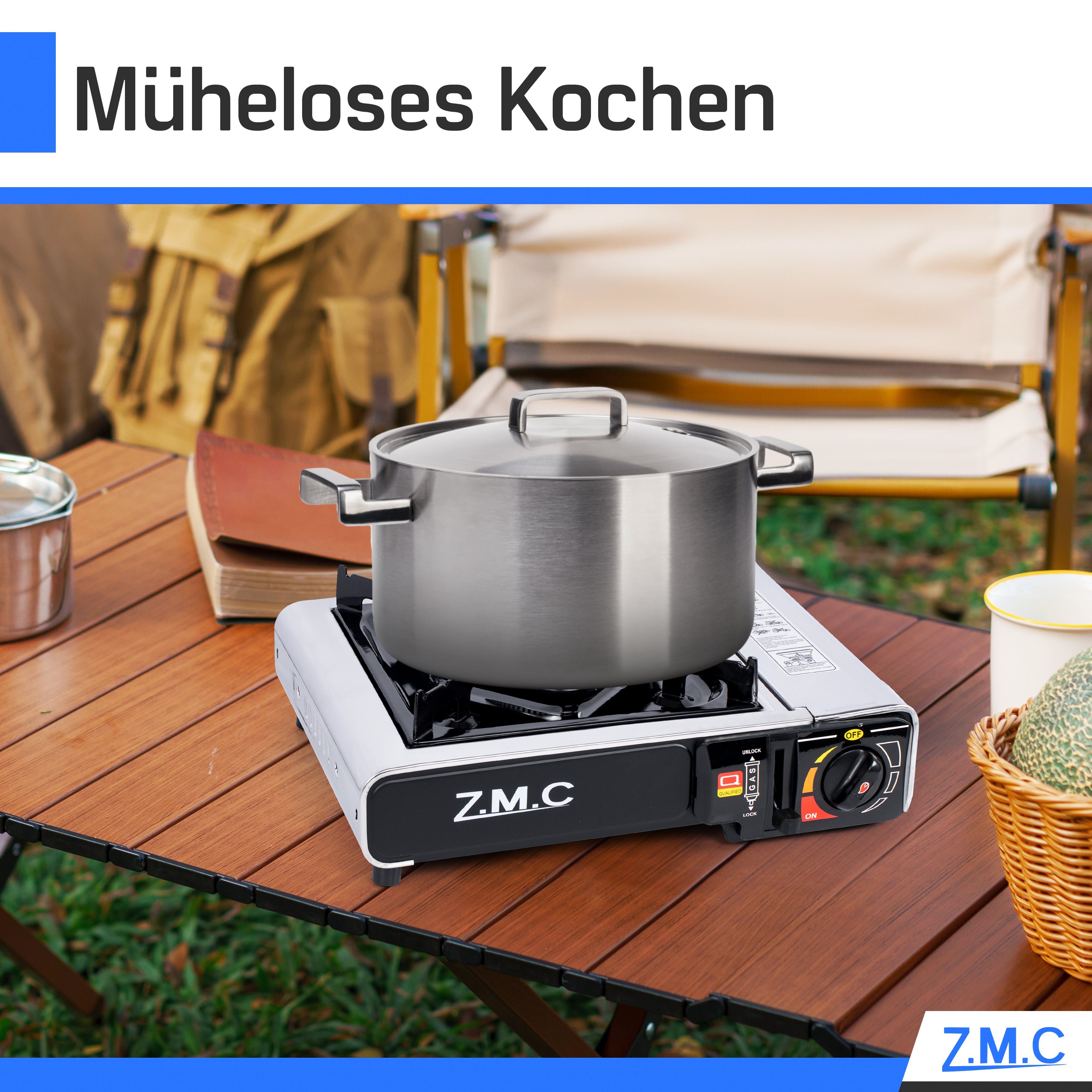 Gaskocher 2,2 Herd mit (Butangas mit Kartusche, Kochfeld kW 4x Gaskocher für Innenraum/Outdoor, 1-flammig Campinggaskocher für Camping ZMC Piezozündung), + Gaskocher Aufbewahrungskoffer Gaskochfeld Edelstahl + Gaskartuschen, Campingkocher