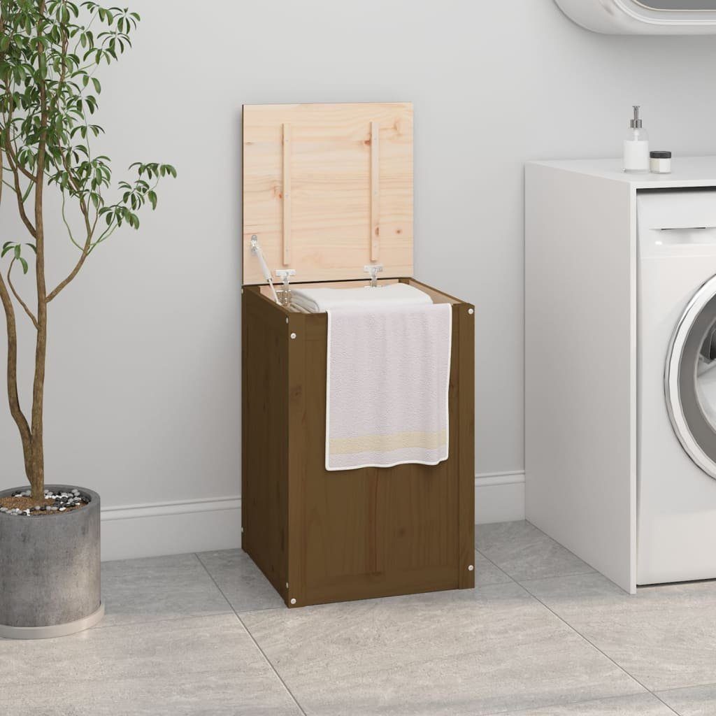 furnicato Wäschetruhe Wäschebox aus massivem Kiefernholz 44 x 44 x 66 cm Honigbraun (1 St), Wäschetruhe mit Gasdruckfeder, Deckel und Stauraum fürs Badezimmer