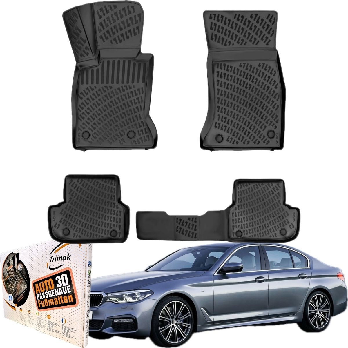 Trimak Passform-Fußmatten Oder Kofferraumwanne Oder Set kompatibel mit BMW 5 Serie, BMW 5 Serie G30 & G31 2017-2023 Gummimatten Auto TPE Allwetter