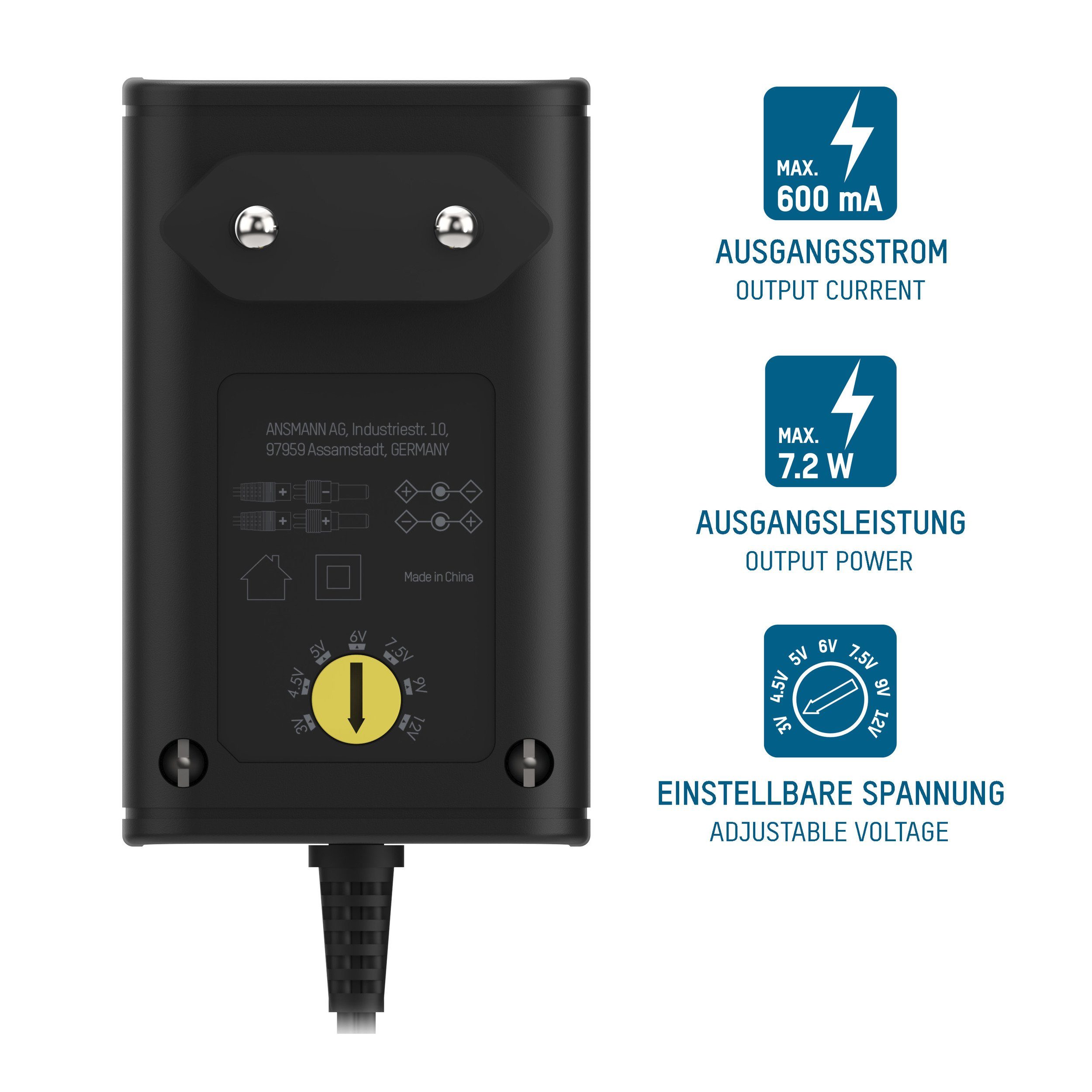 ANSMANN AG APS 600 Netzteil 12V, Netzstecker bis max. 600mA (7 Adapter) Netzteil