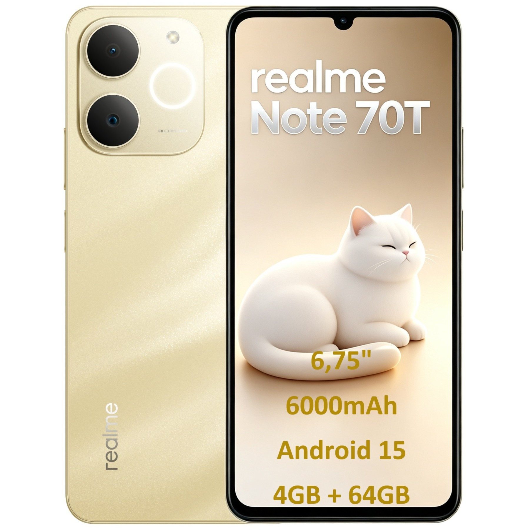 Realme Note 70T 6,75'' Smartphone 6000mAh, 7,94mm Ultra-Slim, IP54 Handy Smartphone (6.75 Zoll, 64 GB Speicherplatz, 13 MP Kamera, Android 15, 90Hz, 4GB + 64GB, Militär-Stoßfest, 15W Schnellladung)
