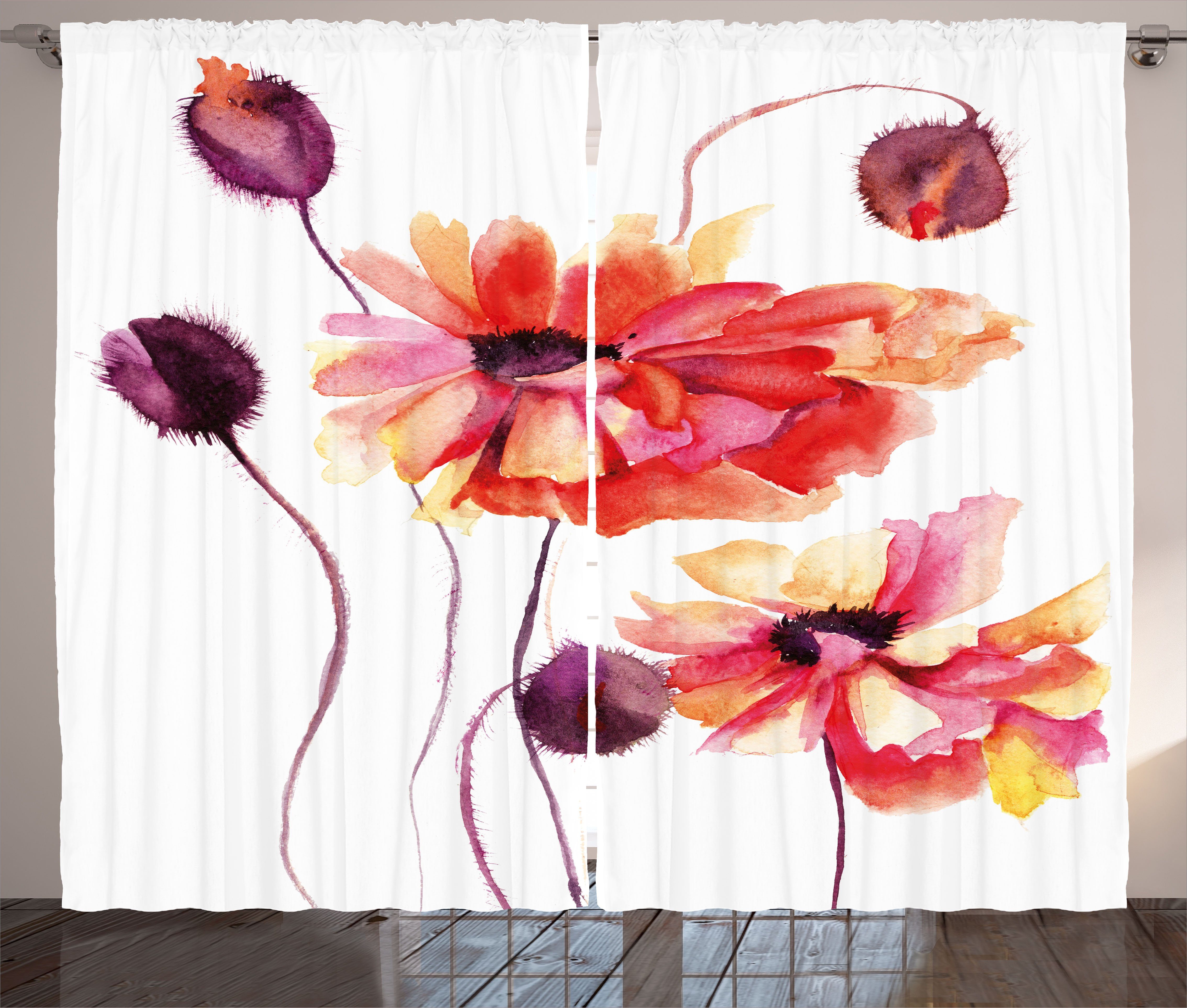 Gardine Schlafzimmer Kräuselband Vorhang mit Schlaufen und Haken, Abakuhaus, Blume Aquarell Mohnblumen-Knospen