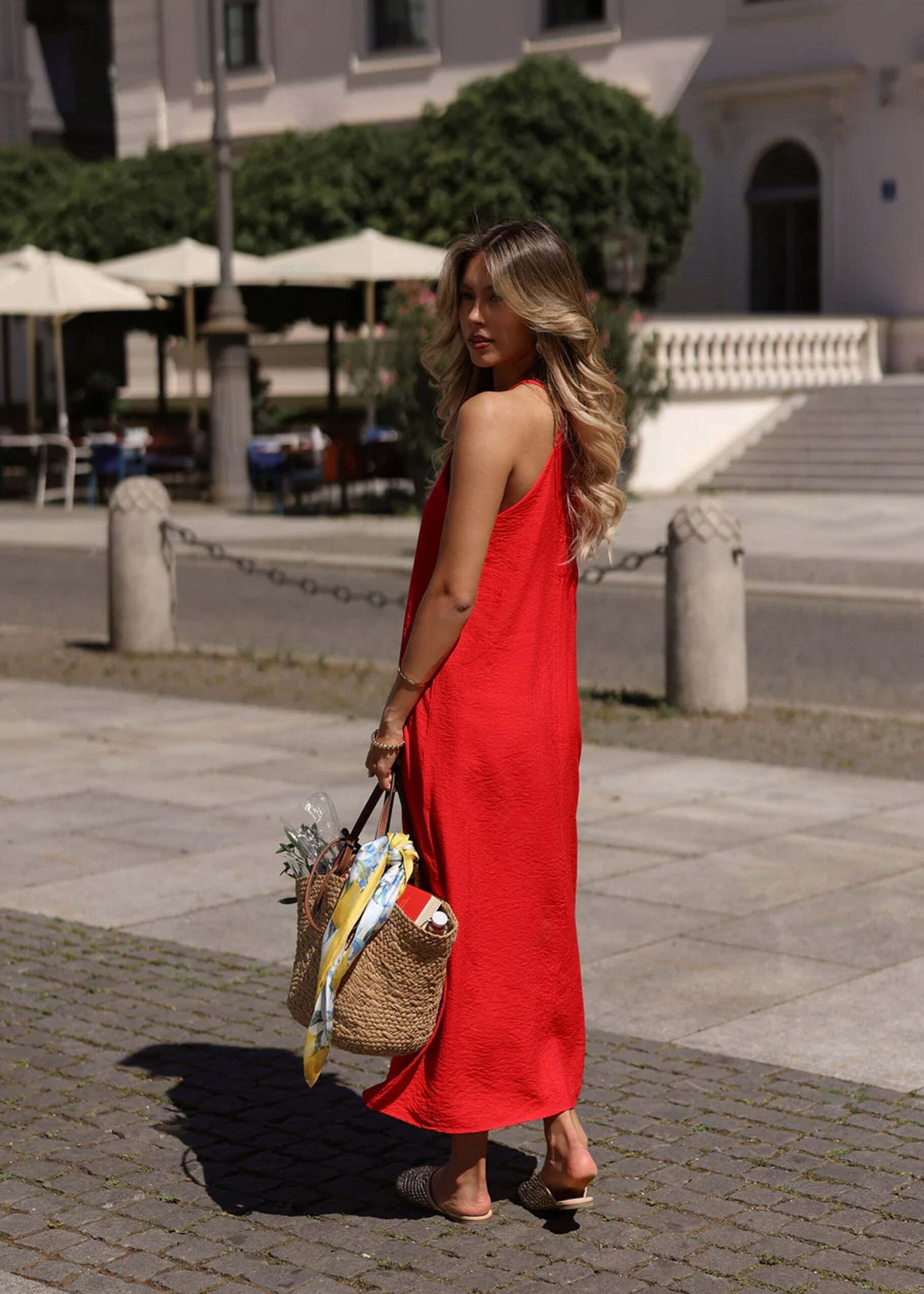 SASSYCLASSY Midikleid Langes Slip Kleid mit Trägern für Damen Luftiges A-Linie Midikleid in fließendem Fall aus Viskose Rot – Bild 5 von 5