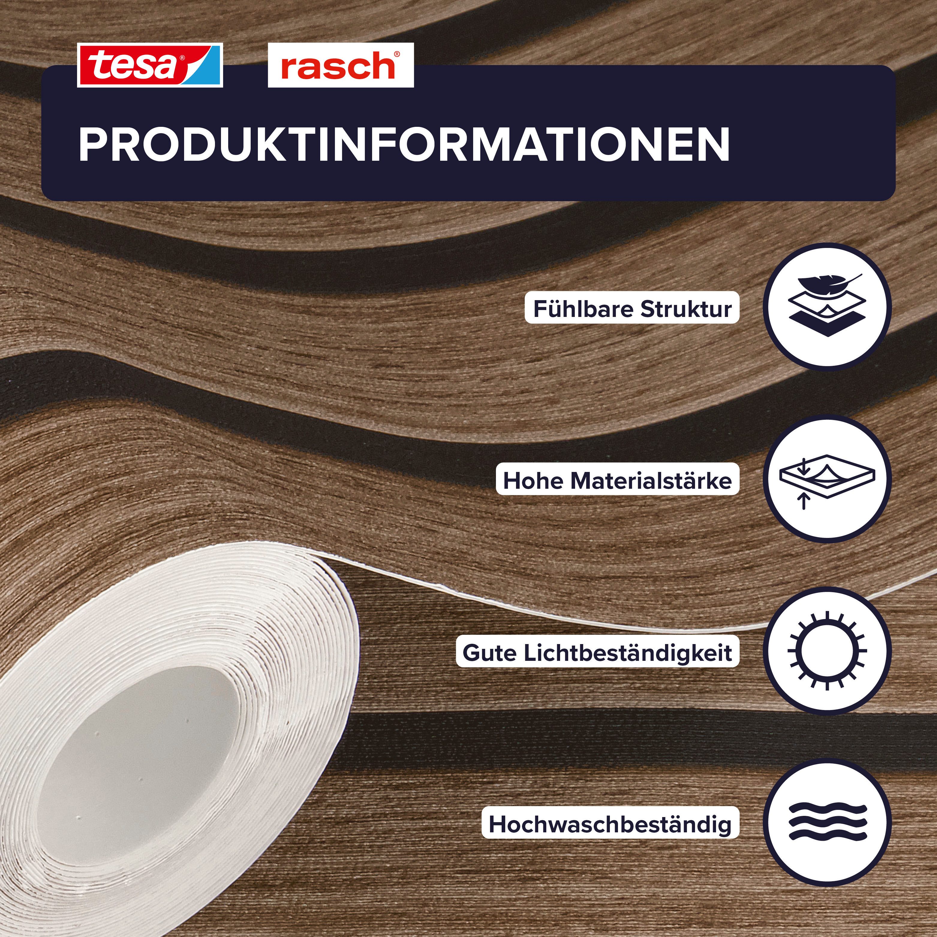 Rasch Vliestapete Echo - Selbstklebende Tapete Holzpaneele von tesa® x rasch®, strukturiert, Holzoptik, gestreift, Streifen, (1 St), selbstklebend, 6,00m x 0,53m