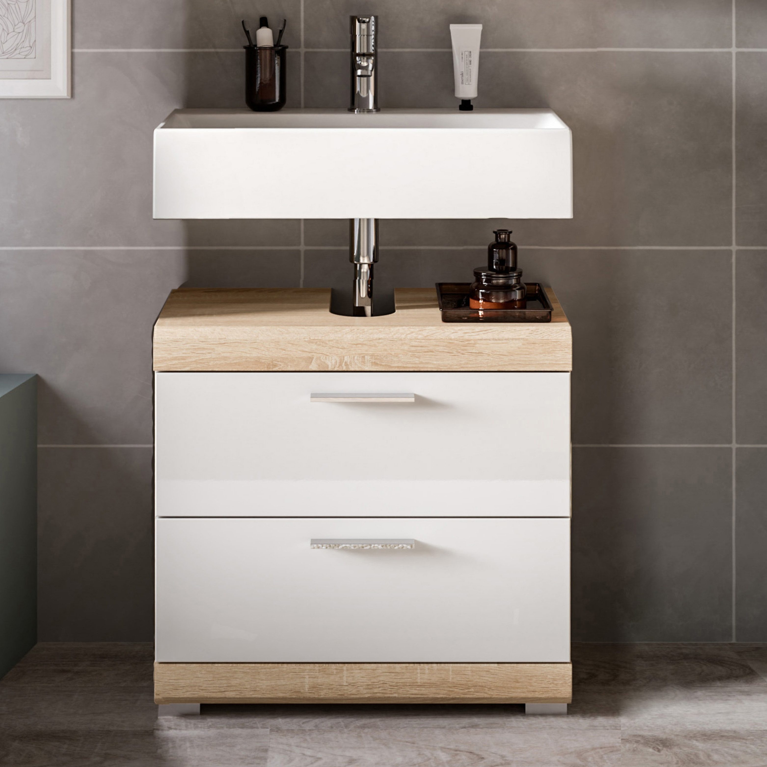furnling Waschbeckenunterschrank Scott 2 Schubladen, Badmöbel, Badschrank, Badunterschrank, 60 cm breit – Bild 2 von 5