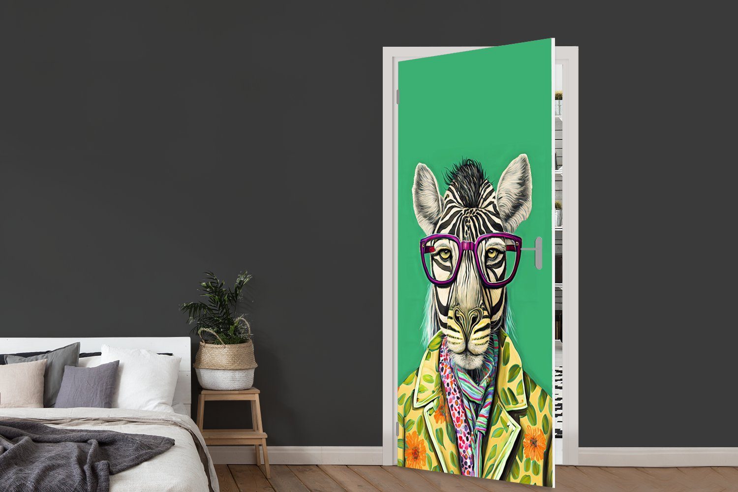 MuchoWow Türtapete Zebra - Brille - Tür, 75x205 St), Hippie Matt, Türaufkleber, cm Tiere, bedruckt, für - (1 Fototapete