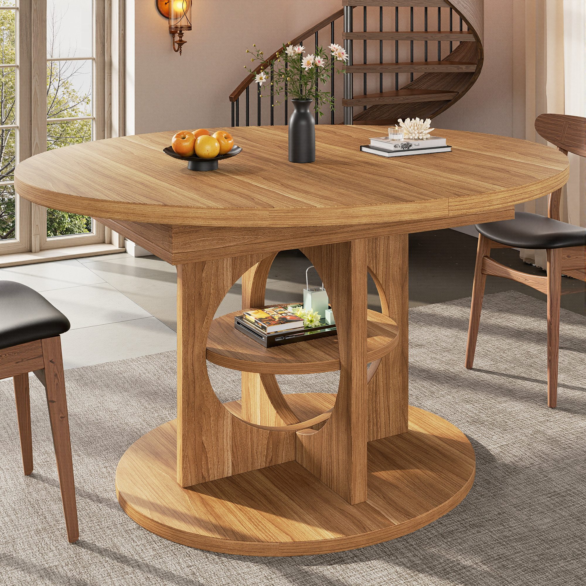 Flieks Esstisch runder/ovaler Küchentisch mit ausziehbarer Tischplatten (Länge 110-150/T110/H76 cm, 1-St., 1 Tsich), erweiterbarer Esszimmertisch mit Ablagen Schreibtisch Holzoptik