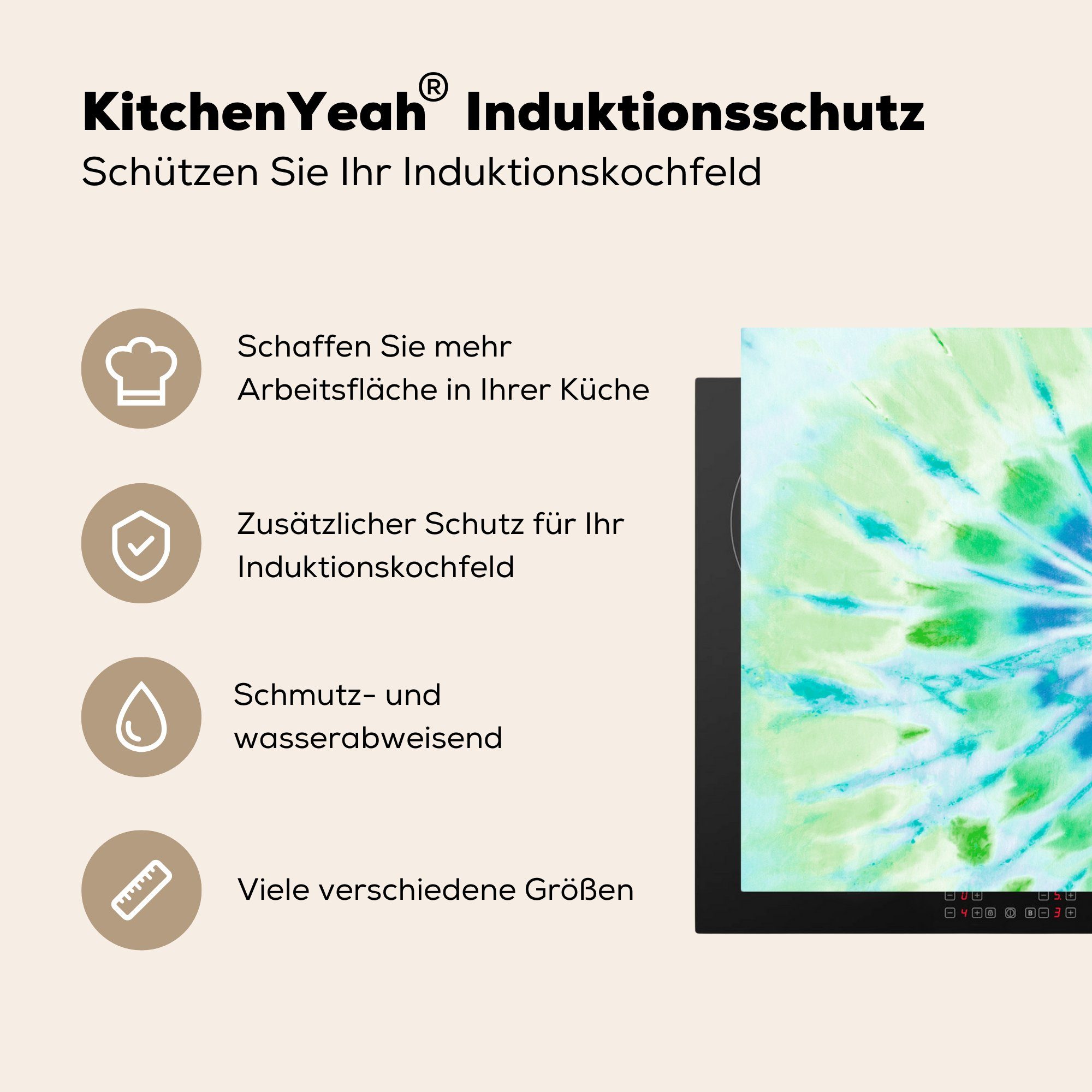 Ceranfeldabdeckung küche, cm, tlg), die Schutz - Vinyl, Herdblende-/Abdeckplatte MuchoWow (1 Blau, Grün für Krawattenfärbung 81x52 Induktionskochfeld -