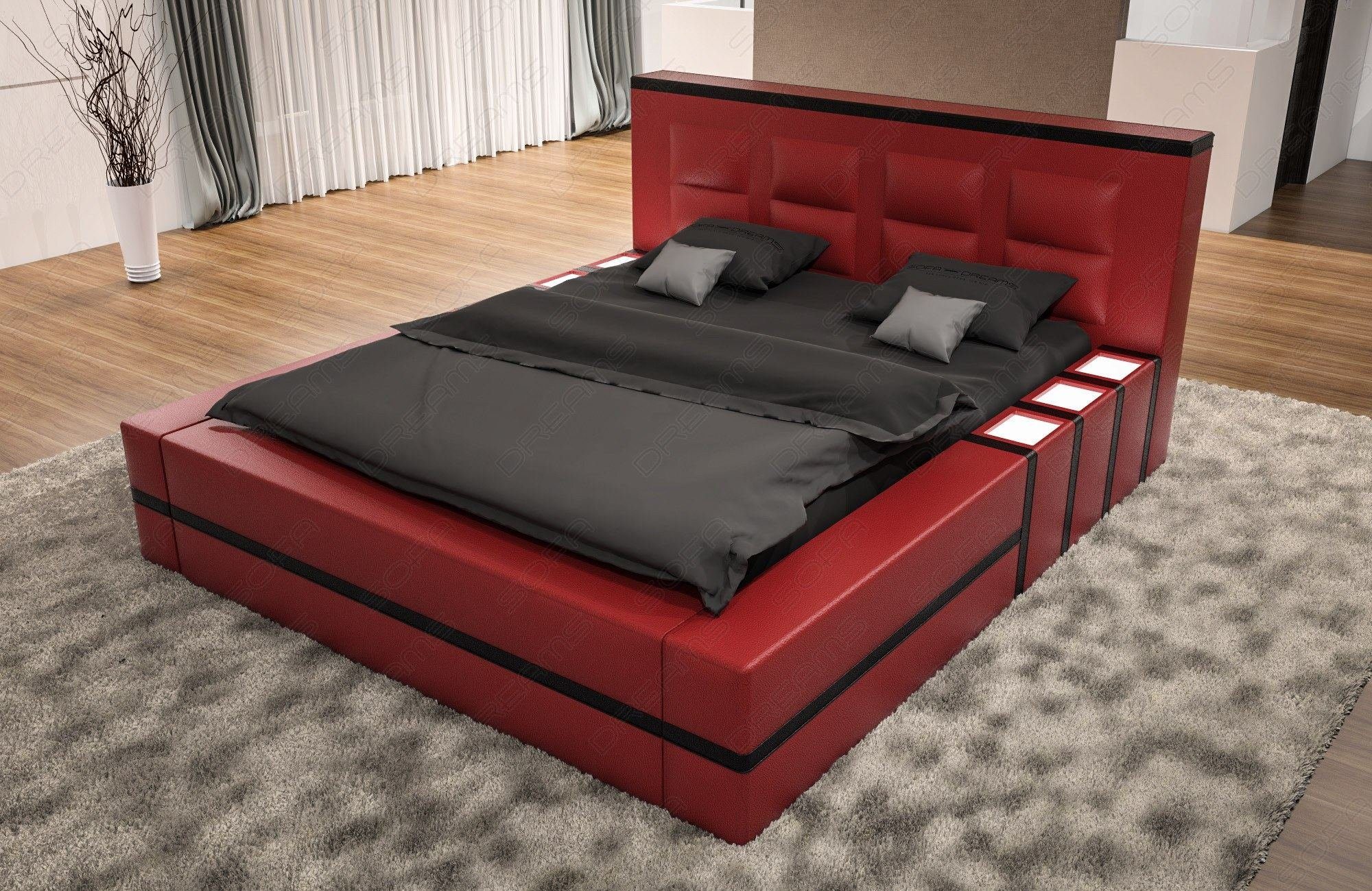 Sofa Dreams Boxspringbett Asti Bett LED LED rot-schwarz Beleuchtung Matratze, Kunstleder Premium mit Beleuchtung, Topper, mit mit mit Komplettbett