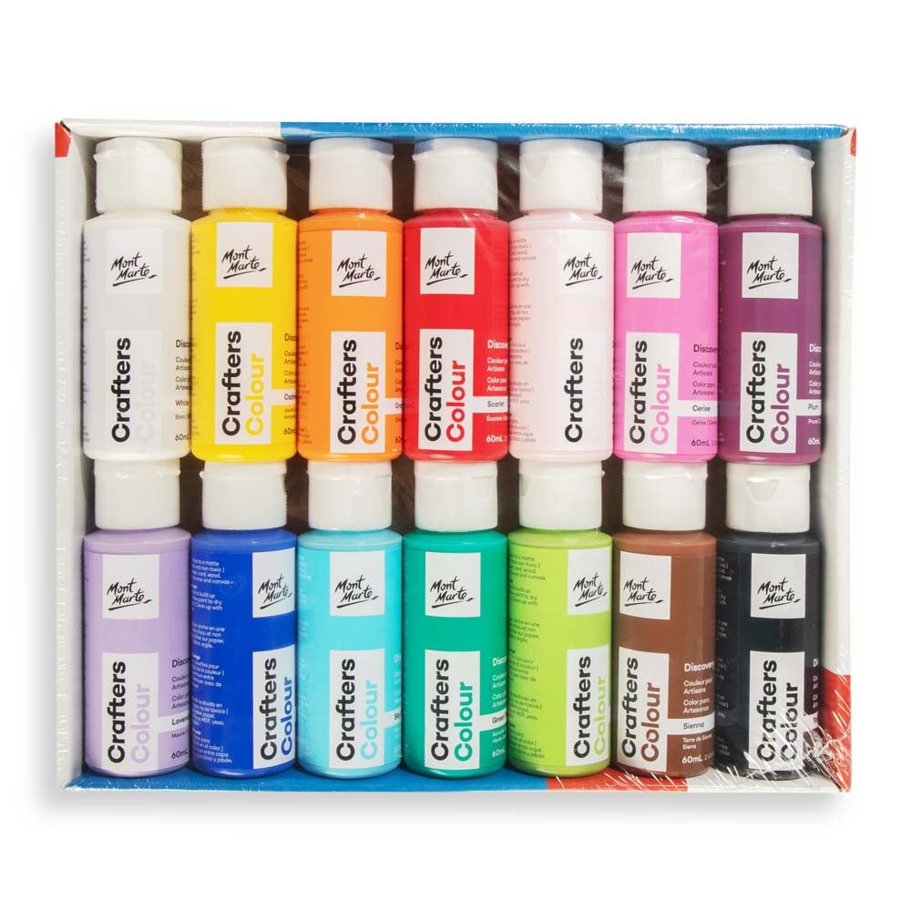 Mont Marte Bastelfarbe Crafters Colour Set – 14 x 60 ml, wählbar: Basic oder Metallic & Neon, Für Holz, Papier & mehr – vielseitige Farben für kreative Projekte