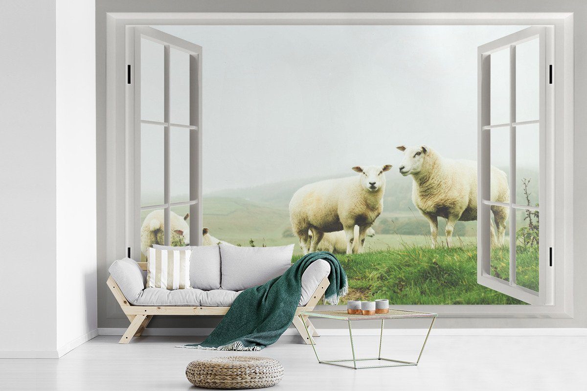 MuchoWow Fototapete Durchblick - Gras - Schafe, Matt, bedruckt, (6 St), Wallpaper für Wohnzimmer, Schlafzimmer, Kinderzimmer, Vinyl Tapete
