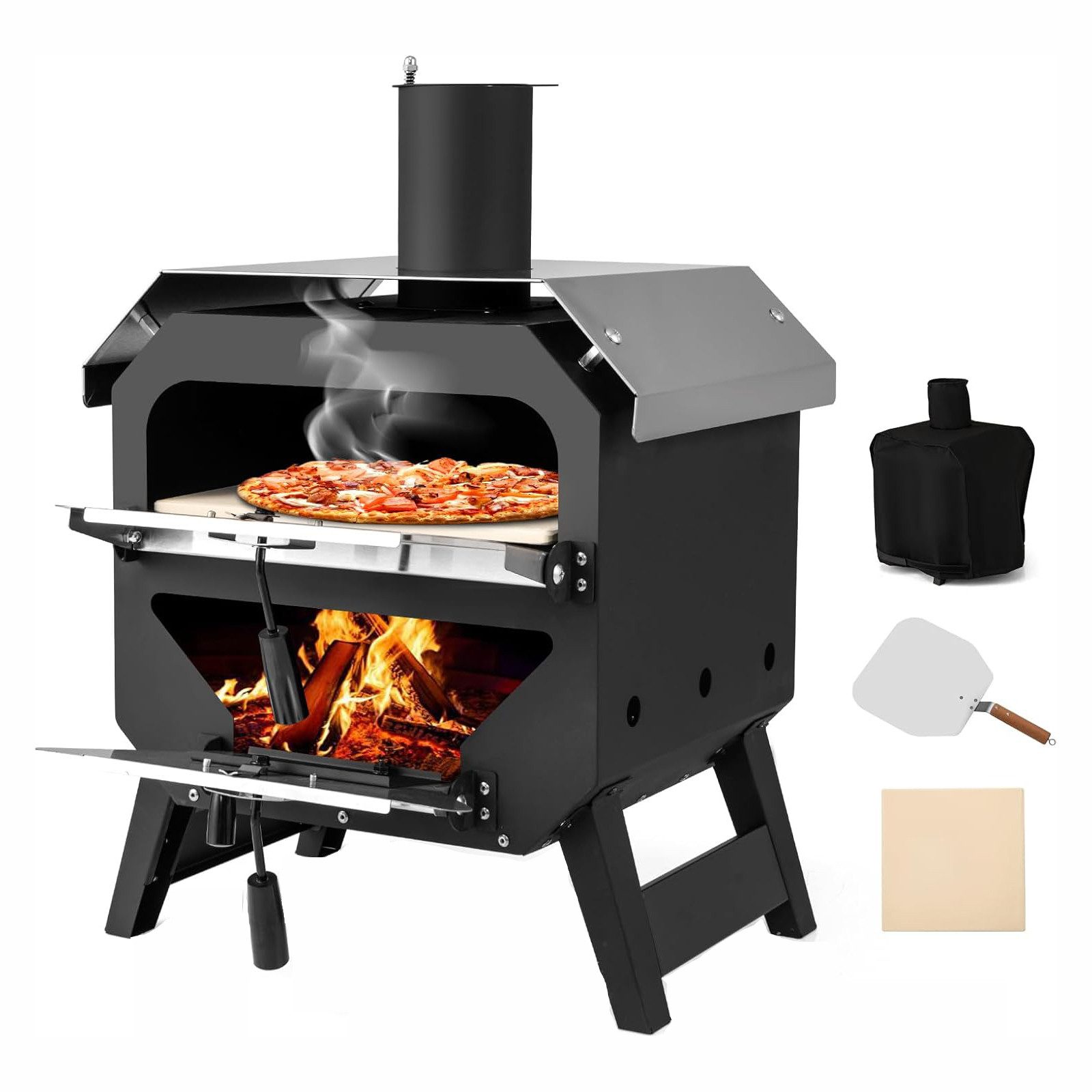 KOMFOTTEU Pizzaofen, mit Pizzaschaufel, Deckel, hitzebeständigem Griff