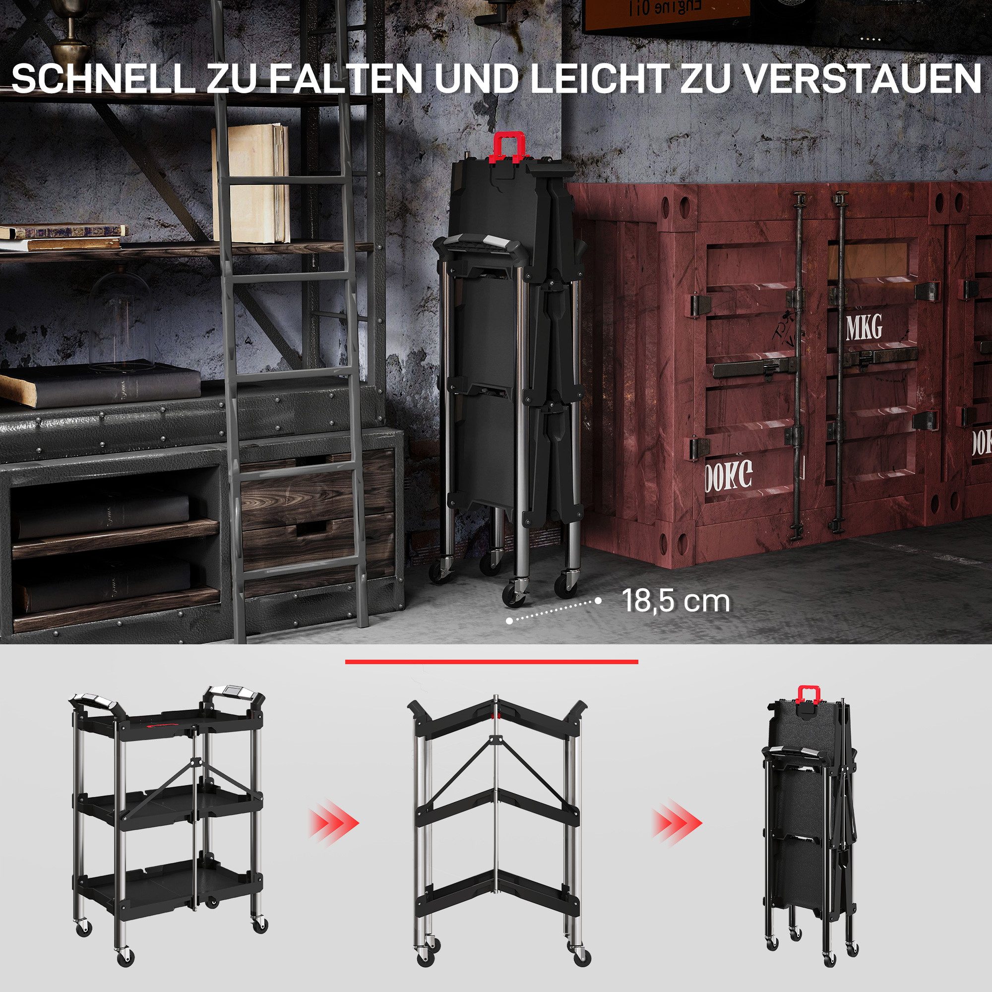 furnicato Werkzeugwagen Werkzeug-Trolley klappbar 3-stufig, Kunststoff & Stahl, 64L x 37B x 84H cm, (1-tlg)
