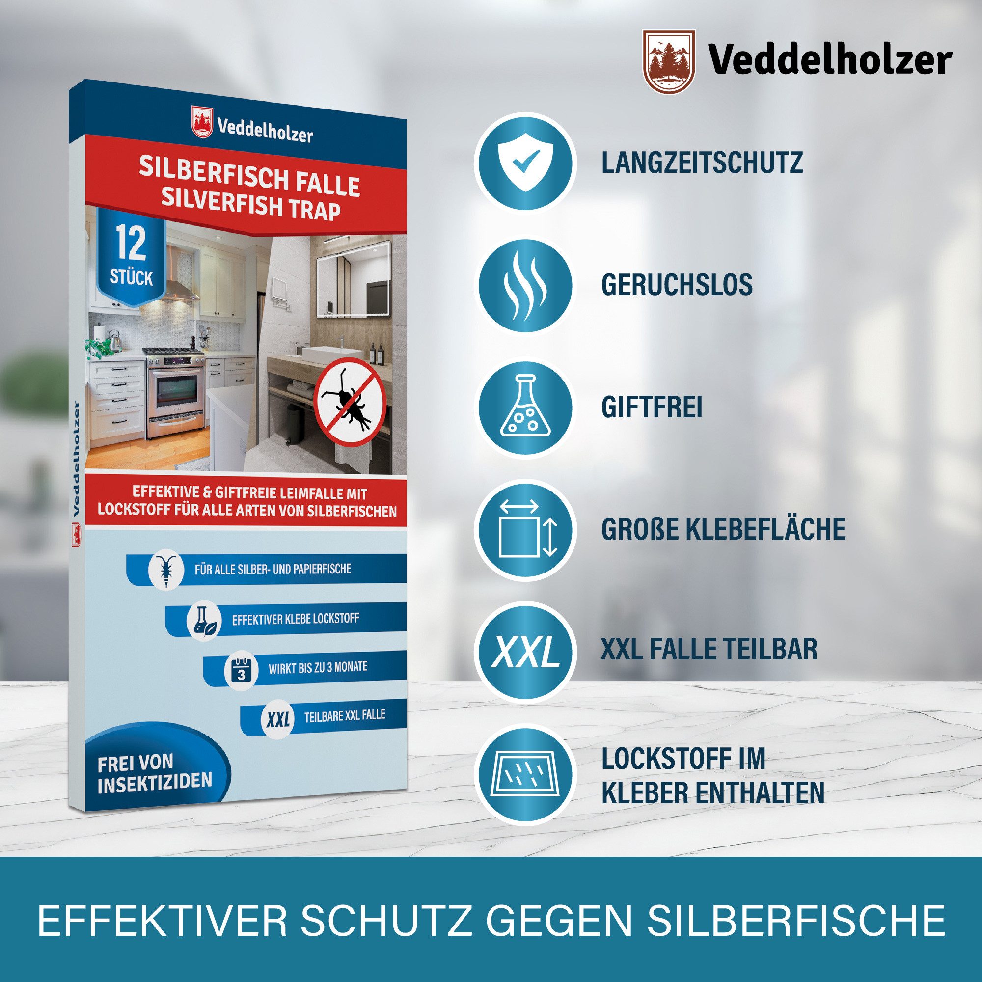 Veddelholzer Klebefalle XXL teilbare Silberfischfalle mit Köder Lockstoff 12 Stück Klebefallen, Silberfische & Papierfische bekämpfen Giftfrei
