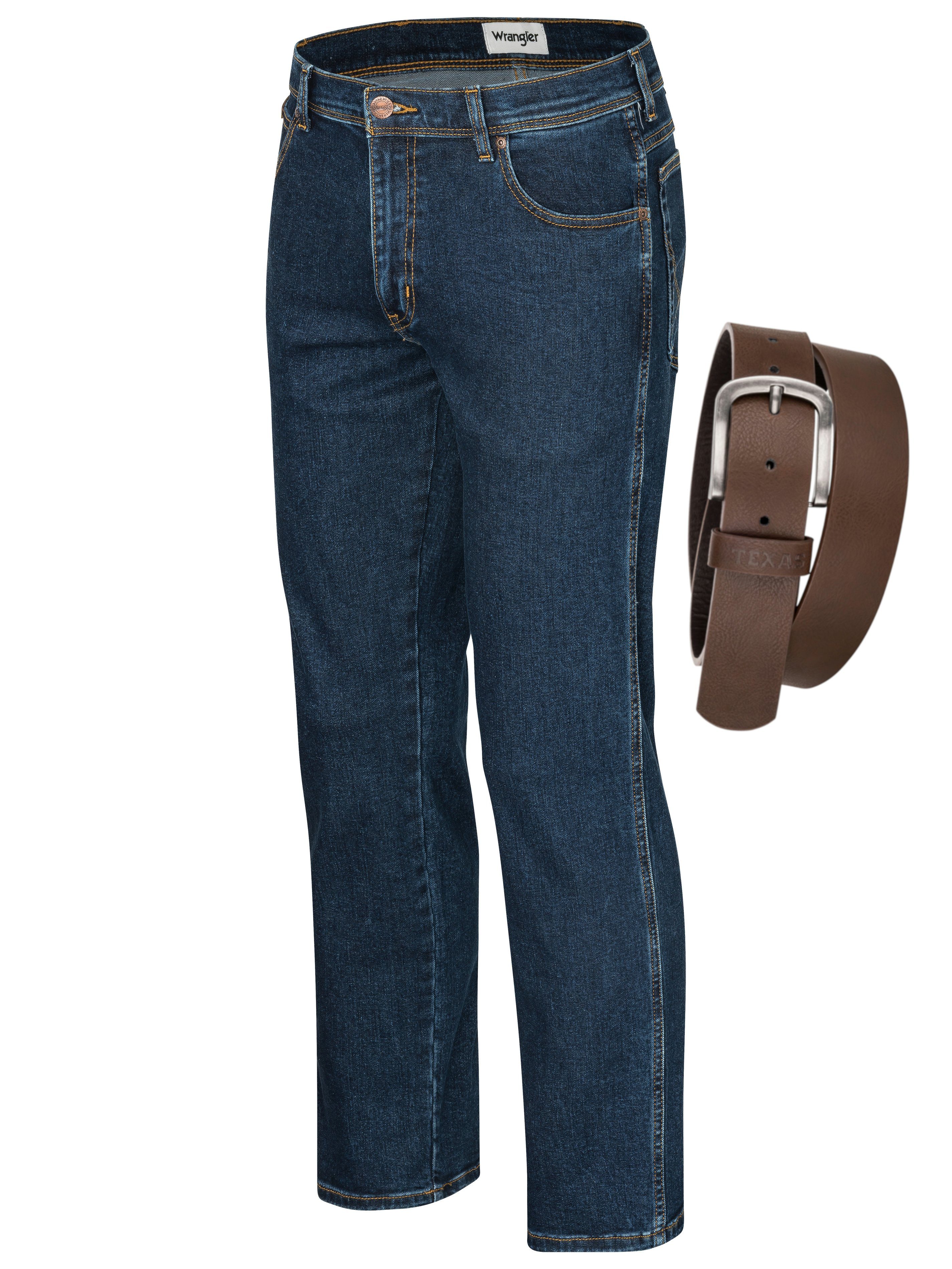 Wrangler Straight-Jeans Texas Authentic Darkstone mit Gürtel Gürtel + Jeans Stretch brauner Straight Herrenjeans