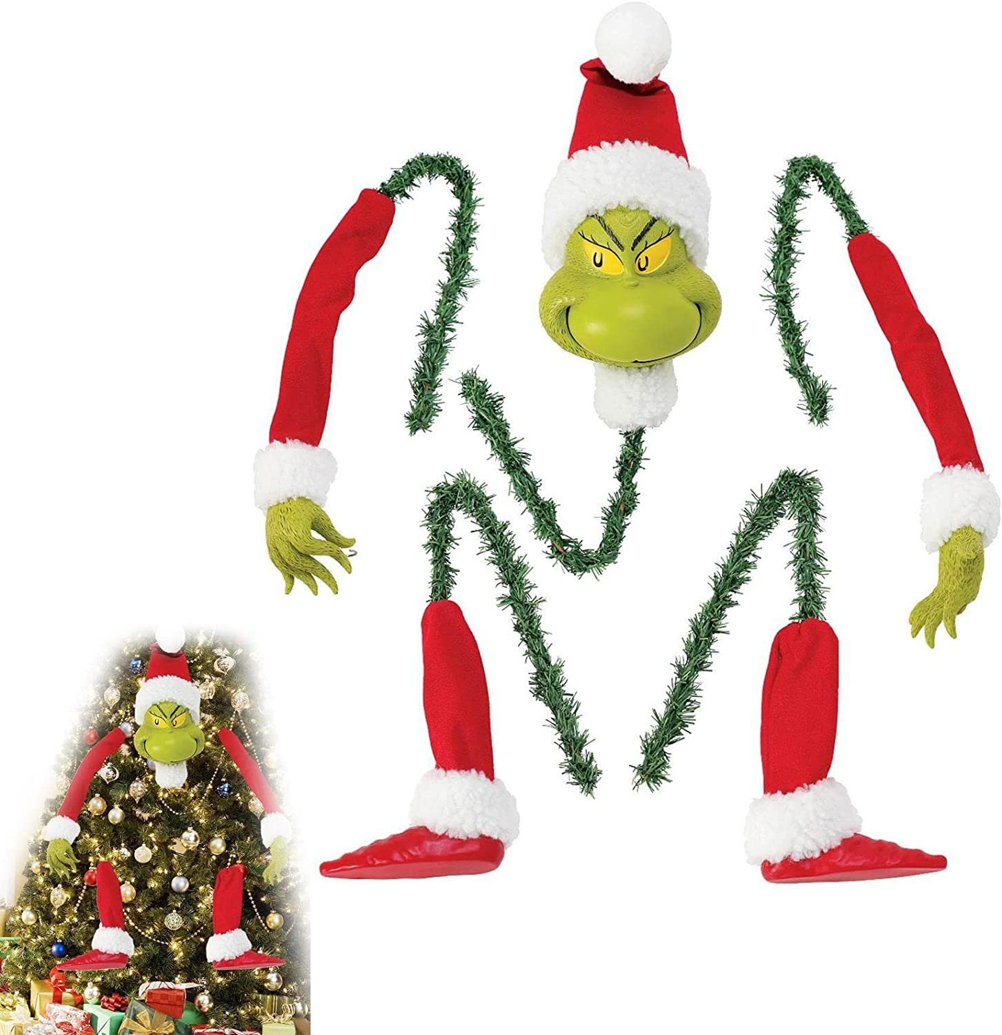 Weihnachtsbaum Christbaumschmuck Grinch Topper Kopf,Arme,Beine, gefüllte DOPWii Ornamente Girlande Dekoration,Elfen Stuck Weihnachtself