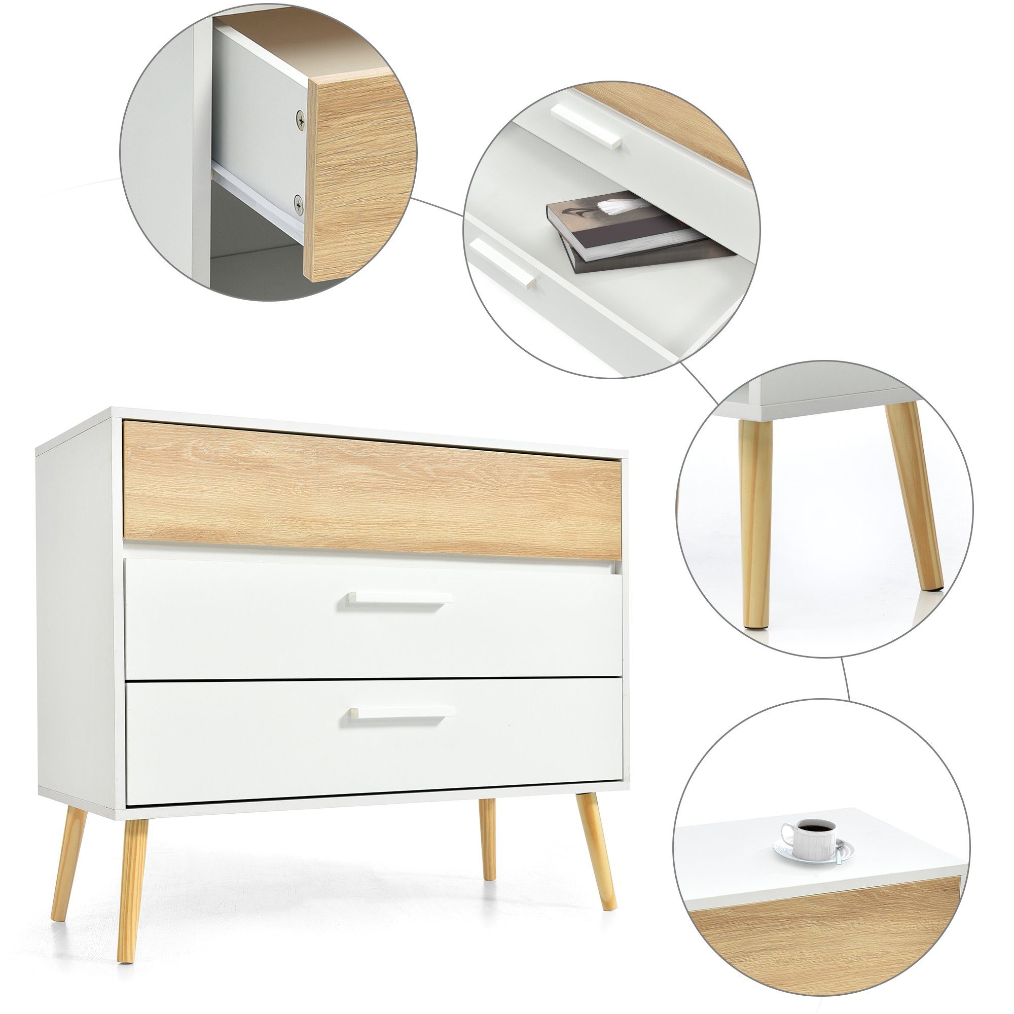 Kommode (mit 3 Schubladen), Schubladenkommode Schrank Sideboard 77x91.5x40 cm