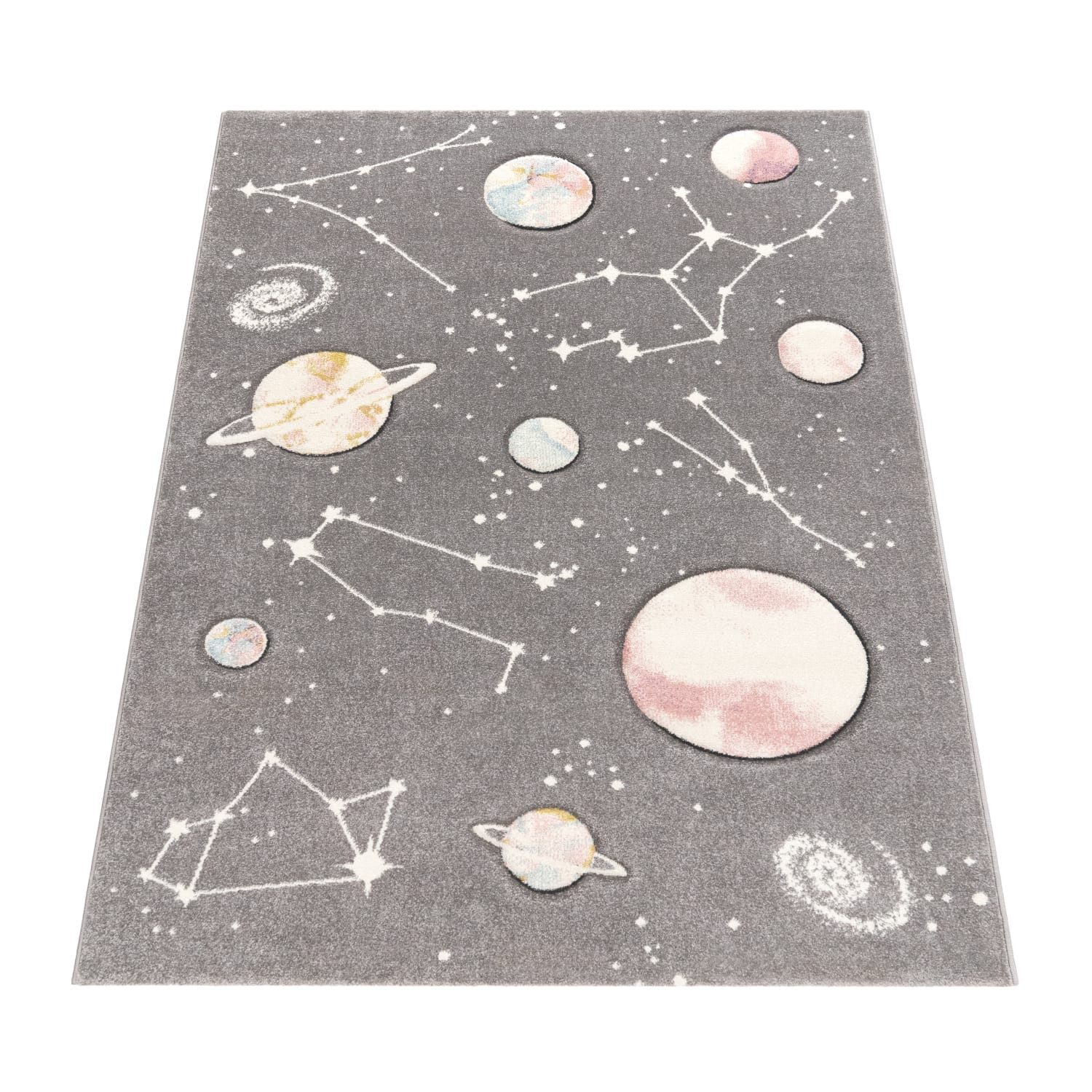 KADIMA DESIGN Kinderteppich Weltraum Kinderzimmer schmutzabweisend Teppich Kinder, Quadrat, Höhe: 17 mm, Florhöhe: 13 mm, Polypropylen, Quadrat, 133S, Grau
