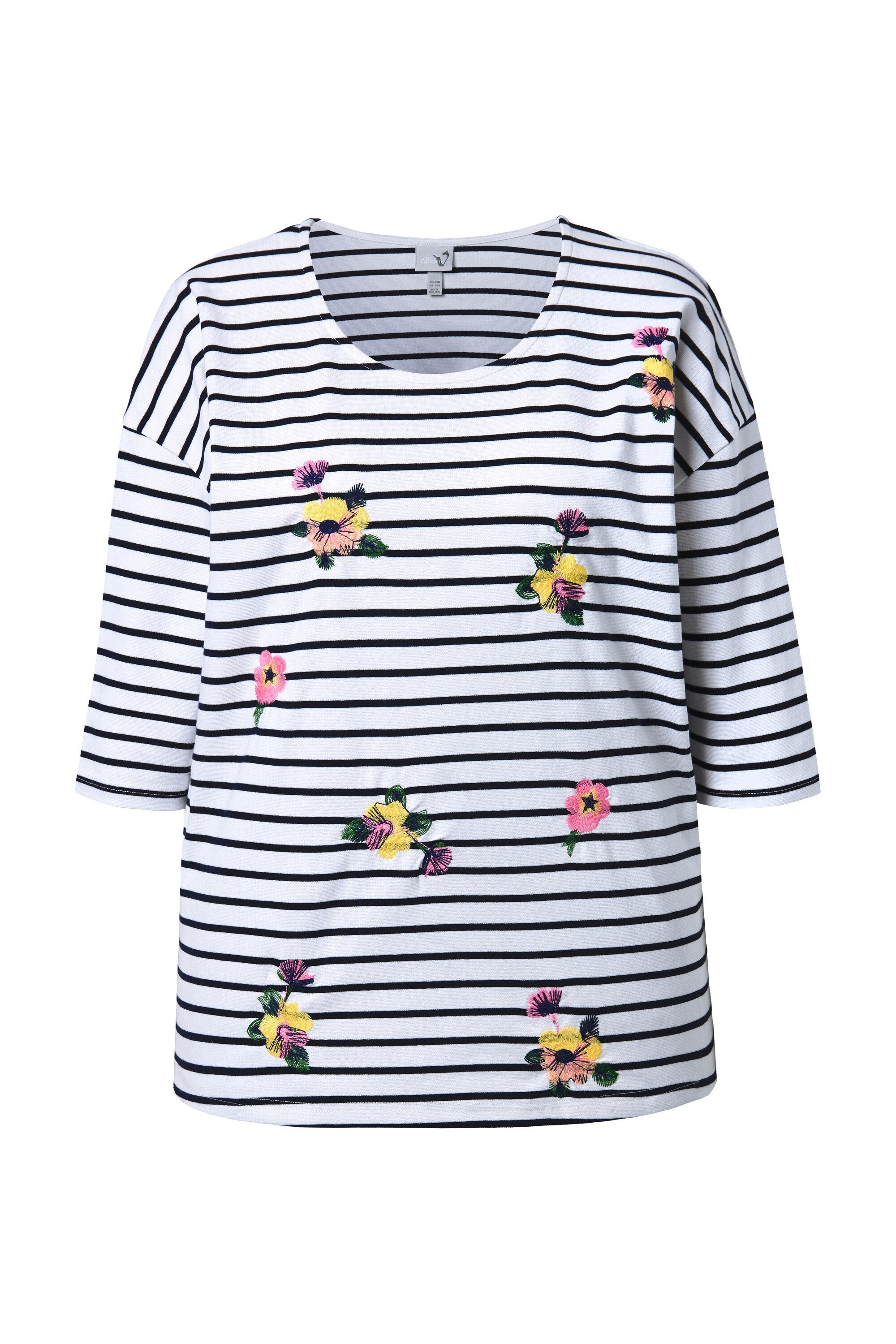 Ulla Popken T-Shirt Ringelshirt Stickerei Oversized Rundhals 3/4-Arm