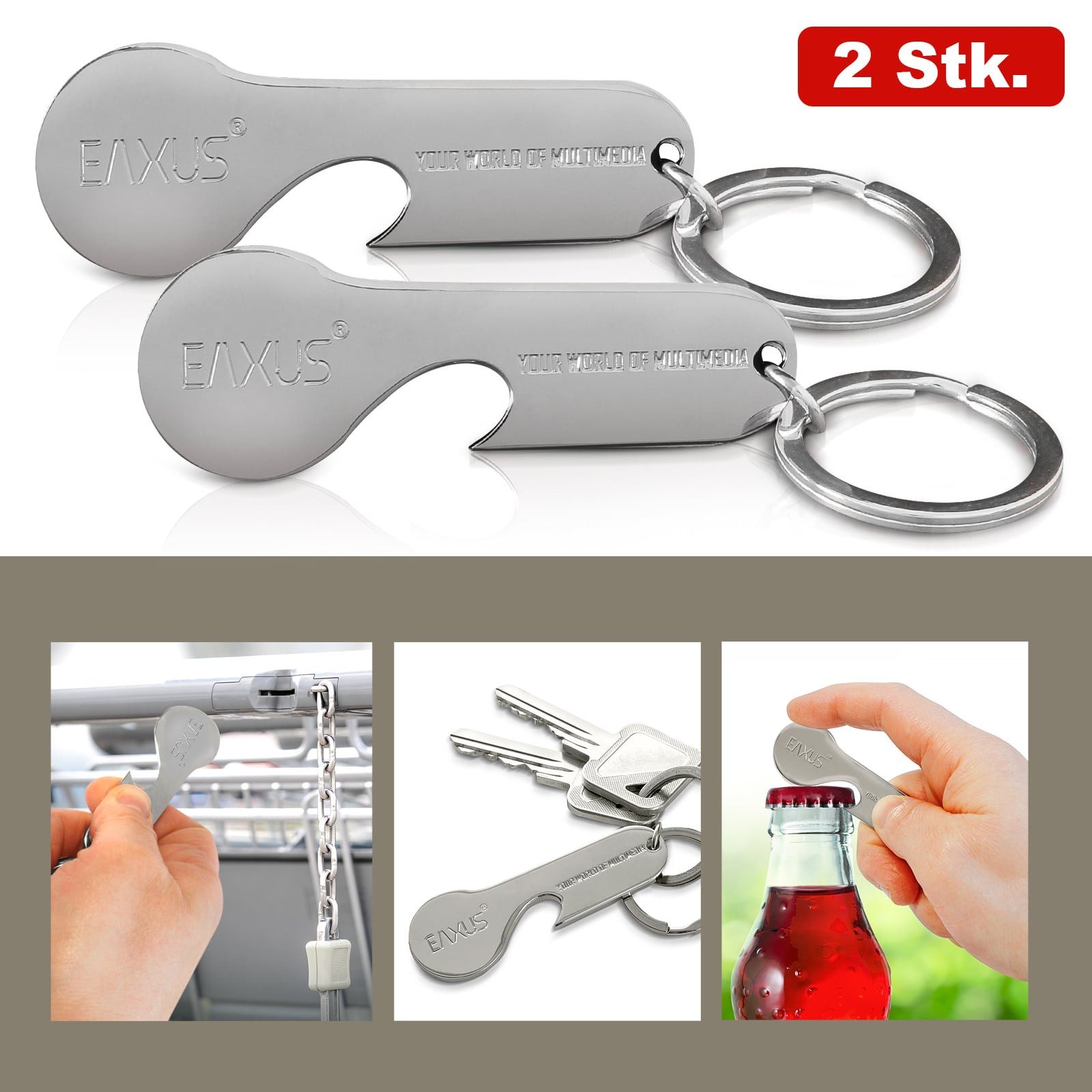EAXUS Schlüsselanhänger Einkaufswagenlöser aus Edelstahl - Abziehbarer Einkaufschip (2-tlg), mit Hochwertigem Flaschenöffner, Silber