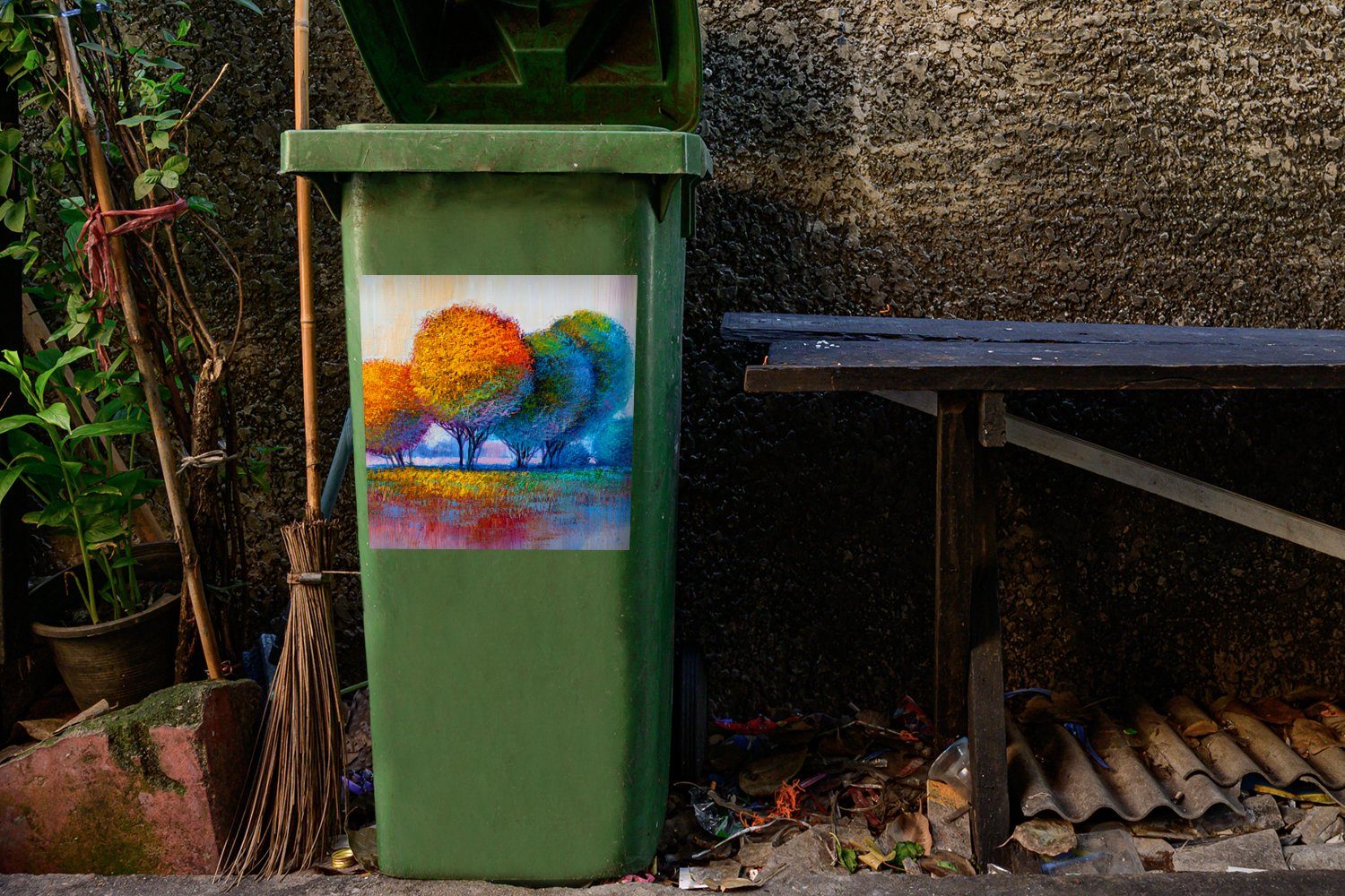 MuchoWow Wandsticker Malerei Natur Bäume Mülleimer-aufkleber, - Ölgemälde - Abfalbehälter Container, - Sticker, St), Mülltonne, (1