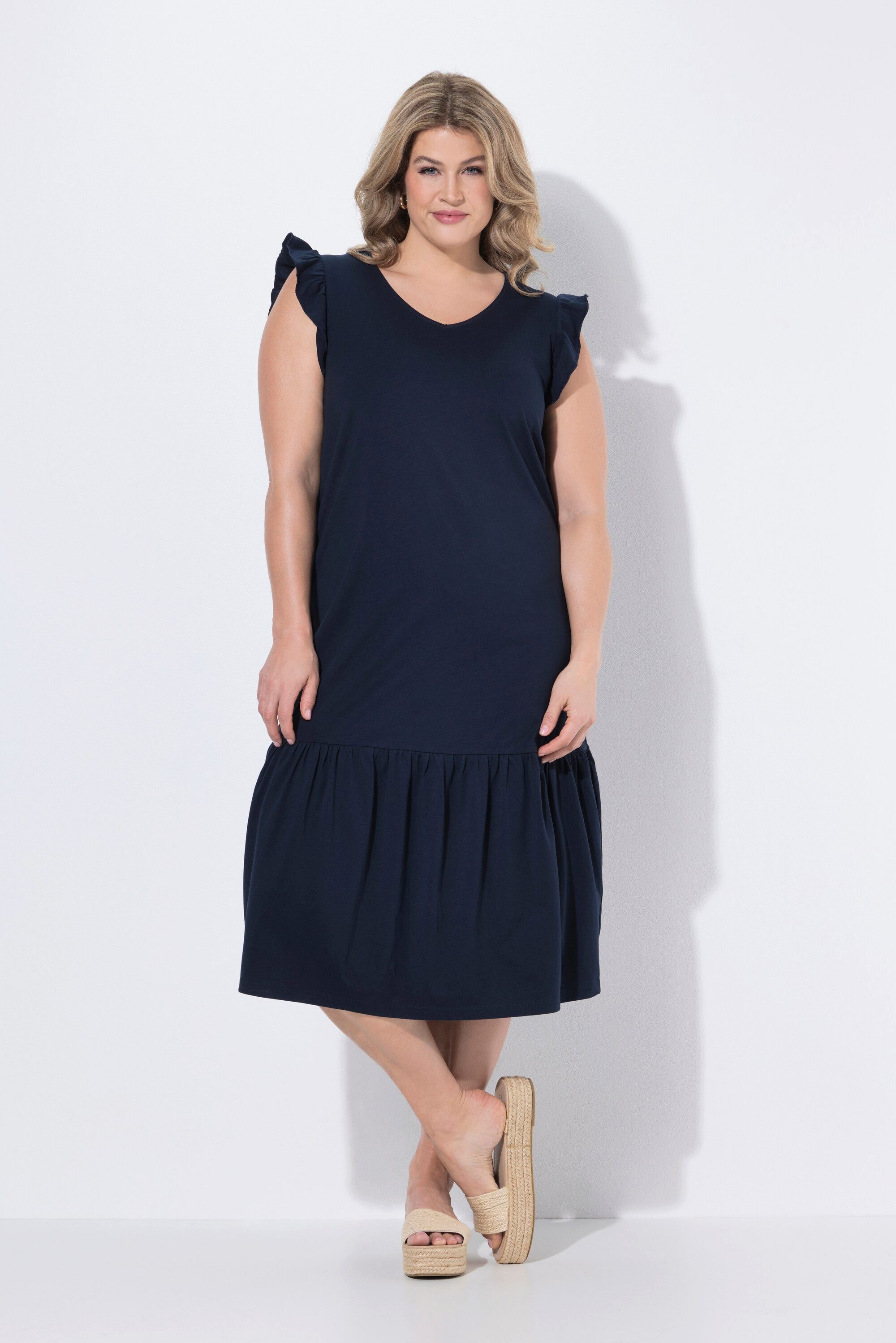 Ulla Popken Midikleid Midikleid Ärmelrüschen V-Ausschnitt Biobaumwolle