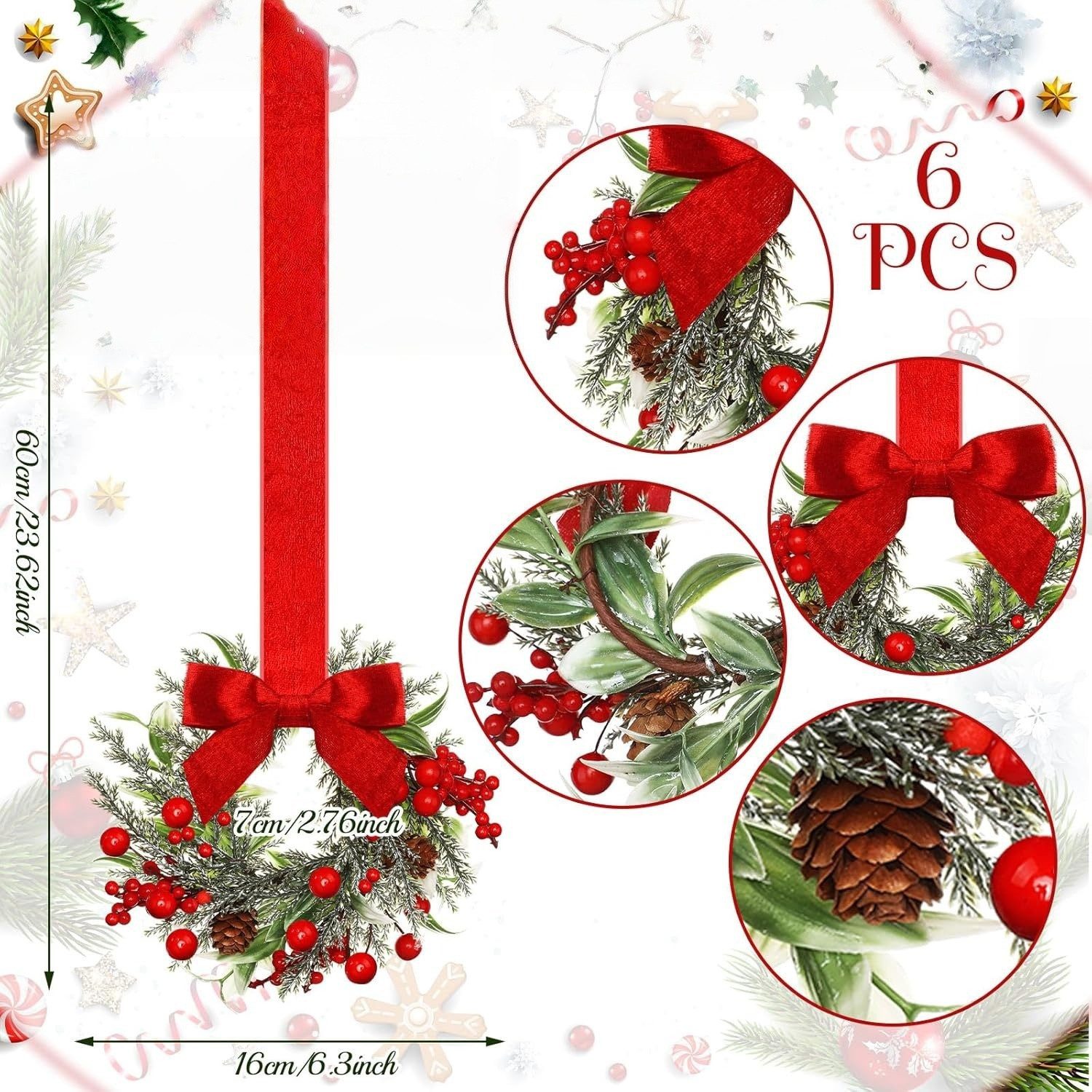 Kunstkranz 6er Set Weihnachtskranz mit roter Schleife für Türen & Fenster, günstig online kaufen