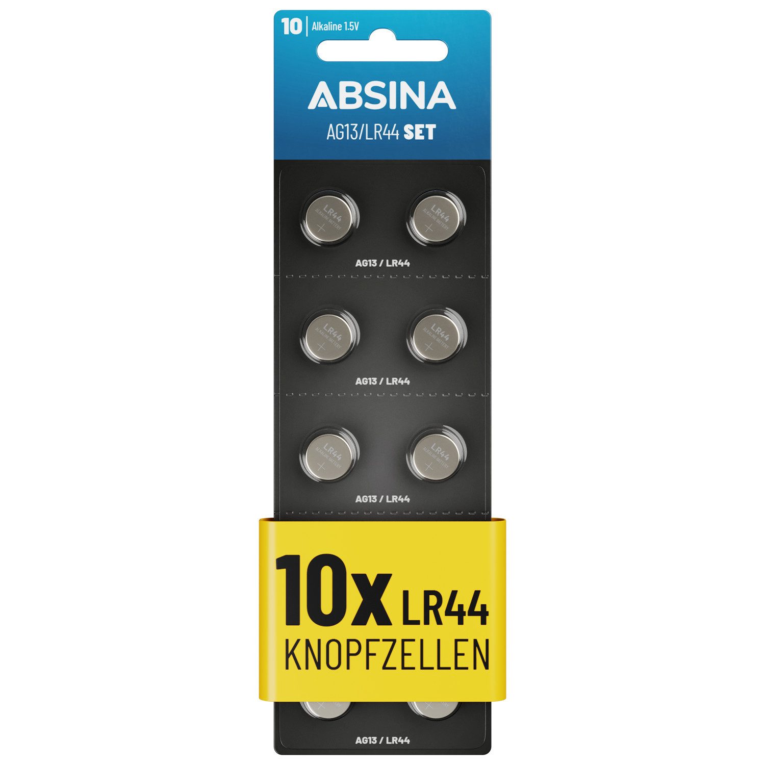 ABSINA AG13 LR44 Knopfzelle 10er Pack - 1,5V Alkaline Knopfzellen Knopfzelle, AG13 (1,5V V, 1 St), Temperaturfest von -10°C bis +50°C, langlebig, auslaufsicher