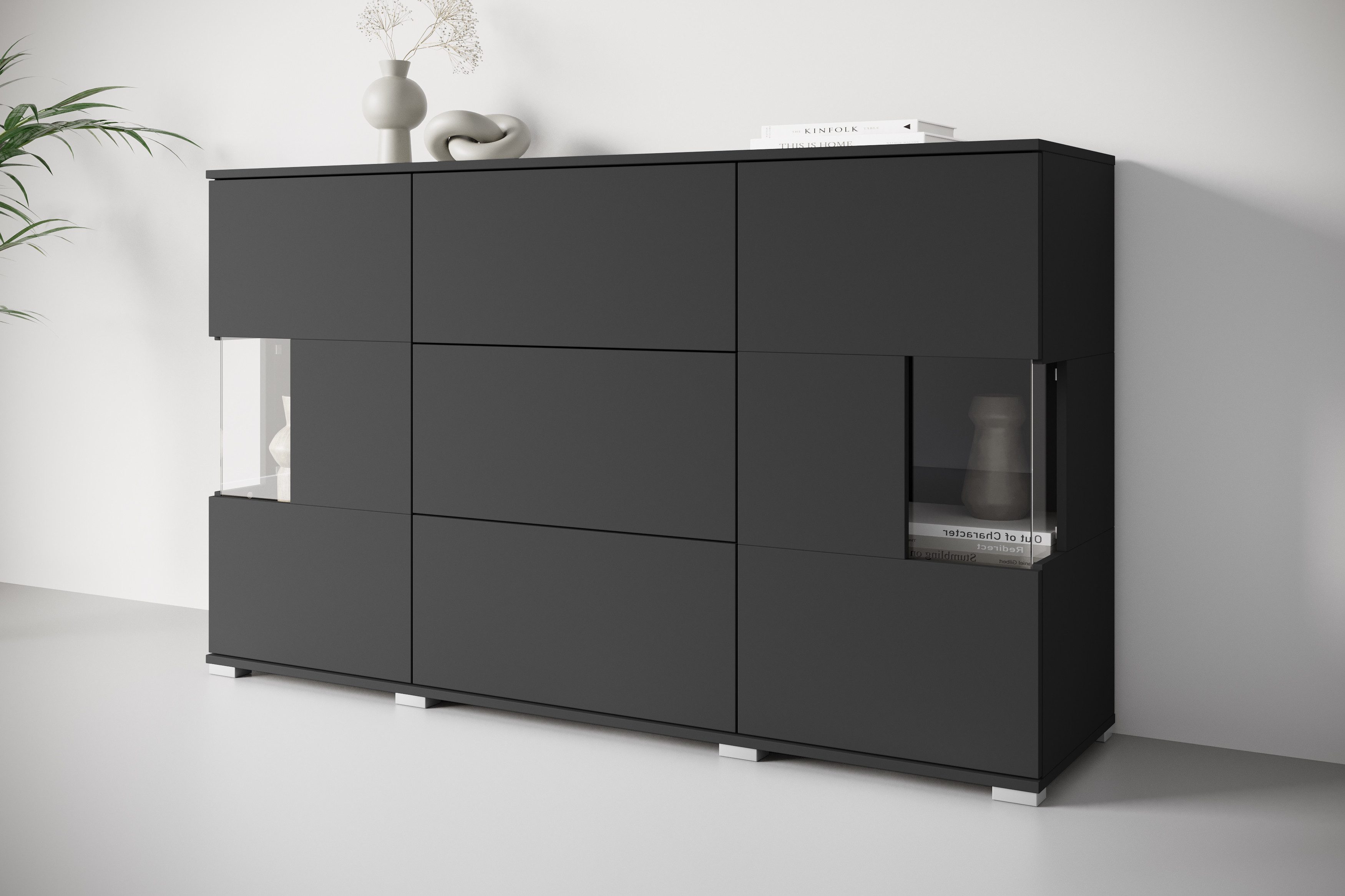 OTTO home Sideboard Kenia (1 St), Sideboard mit 3 Schubladen, 6 Fächern, Glastüren, Breite 150 cm