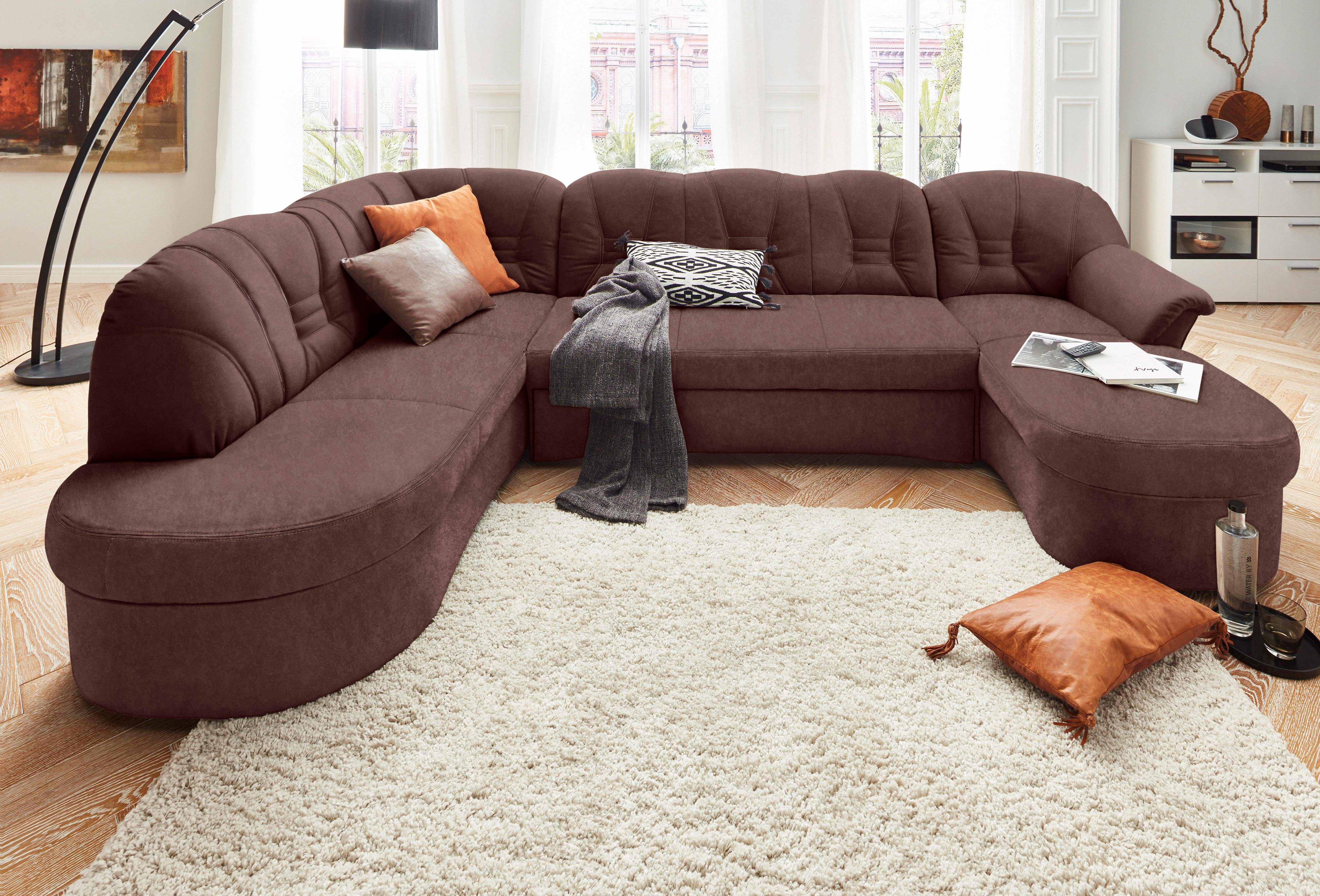 DOMO collection Wohnlandschaft Elva, zeitloses Design, elegante Rückensteppung, Breite 293cm, U-Form, wahlweise mit Bettfunktion und Federkern