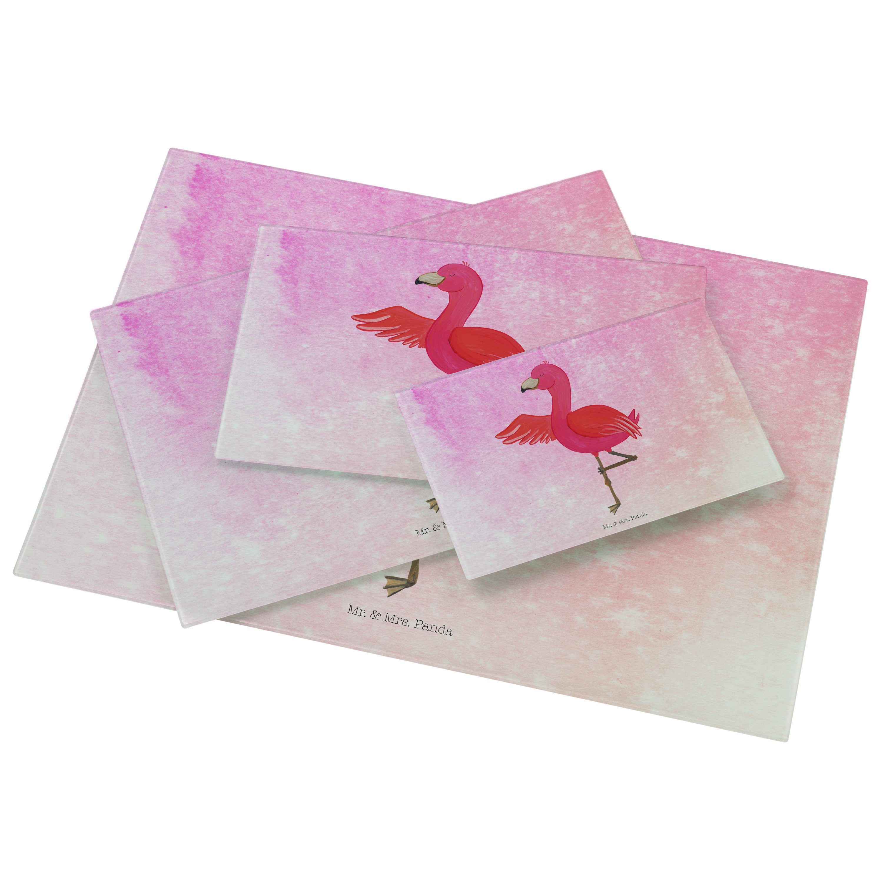 Mr. & Mrs. Panda - Tiefenentspa, (1-St) Glas, Geschenk, - Flamingo Servierbrett Yoga Schneidebrett, Aquarell Pink Premium
