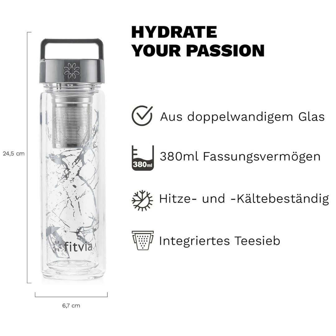 fitvia Thermoflasche Thermoflasche "Silver Marble", Doppelverglasung, integriertes Teesieb, Wärme- und Kältefunktion