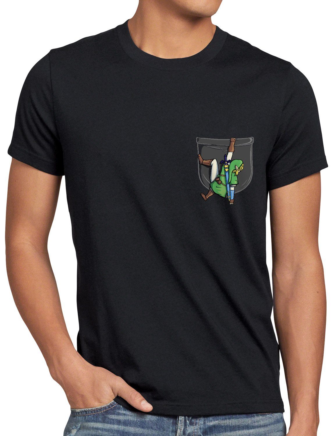 gamer hemdtasche Herren Link T-Shirt Print-Shirt hyrule style3 schwarz Pocket