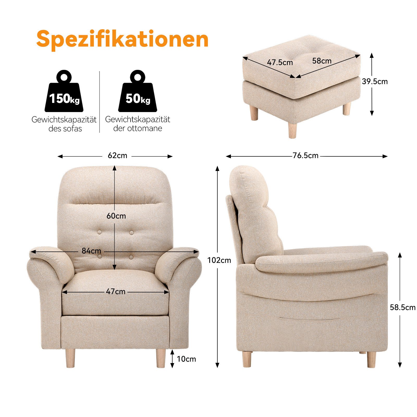 COMHOMA Relaxsessel Fernsehsessel mit Verstellbarer Rückenlehne Verstellung bis 160° (Relaxsessel mit Hocker) – Bild 4 von 5