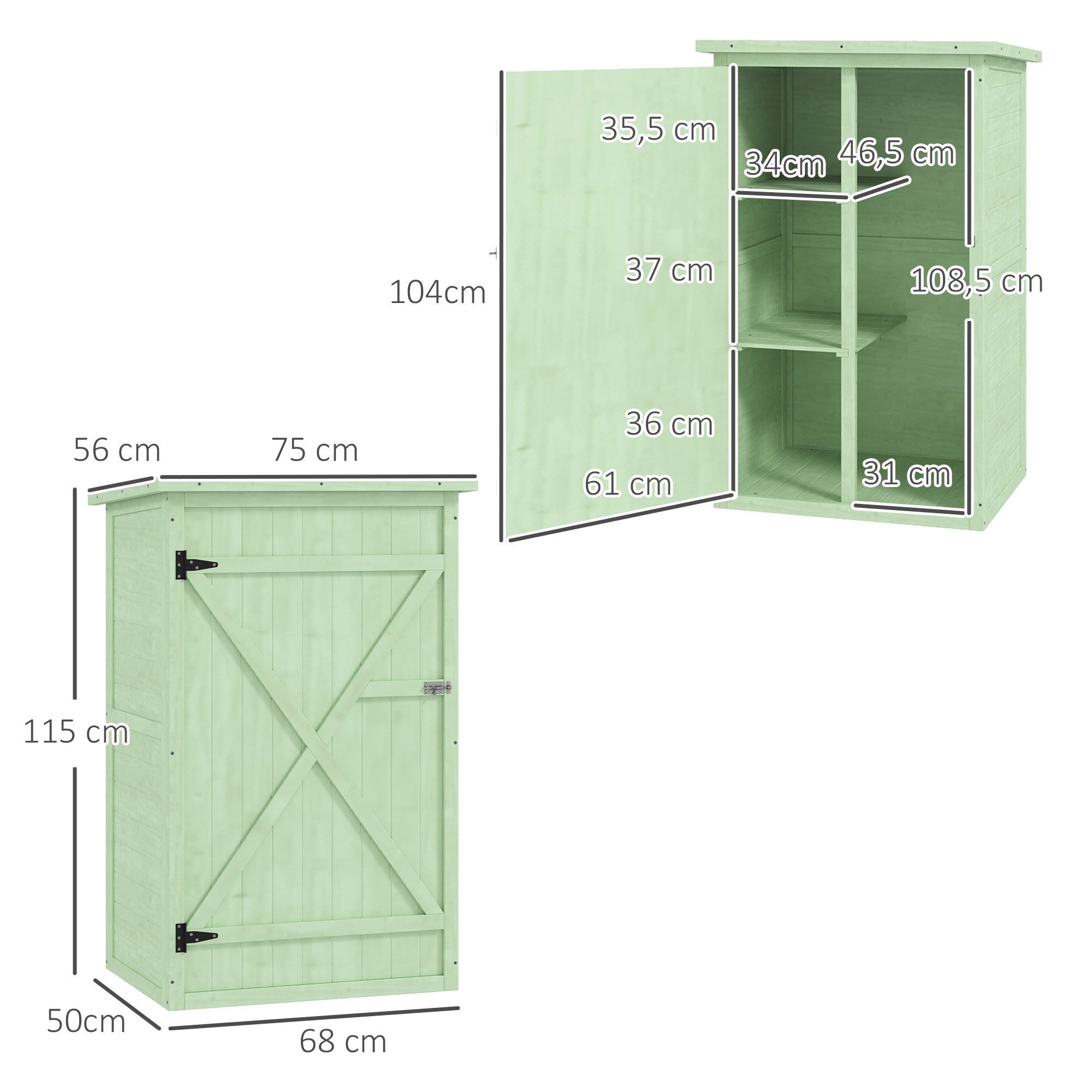 Outsunny Gerätehaus Gartenschrank Holz, Geräteschuppen wetterfest, BxT: 75x56 cm, (Gartenschrank, 1 St., Geräteschuppen), für Garten Terrasse Grün – Bild 3 von 5