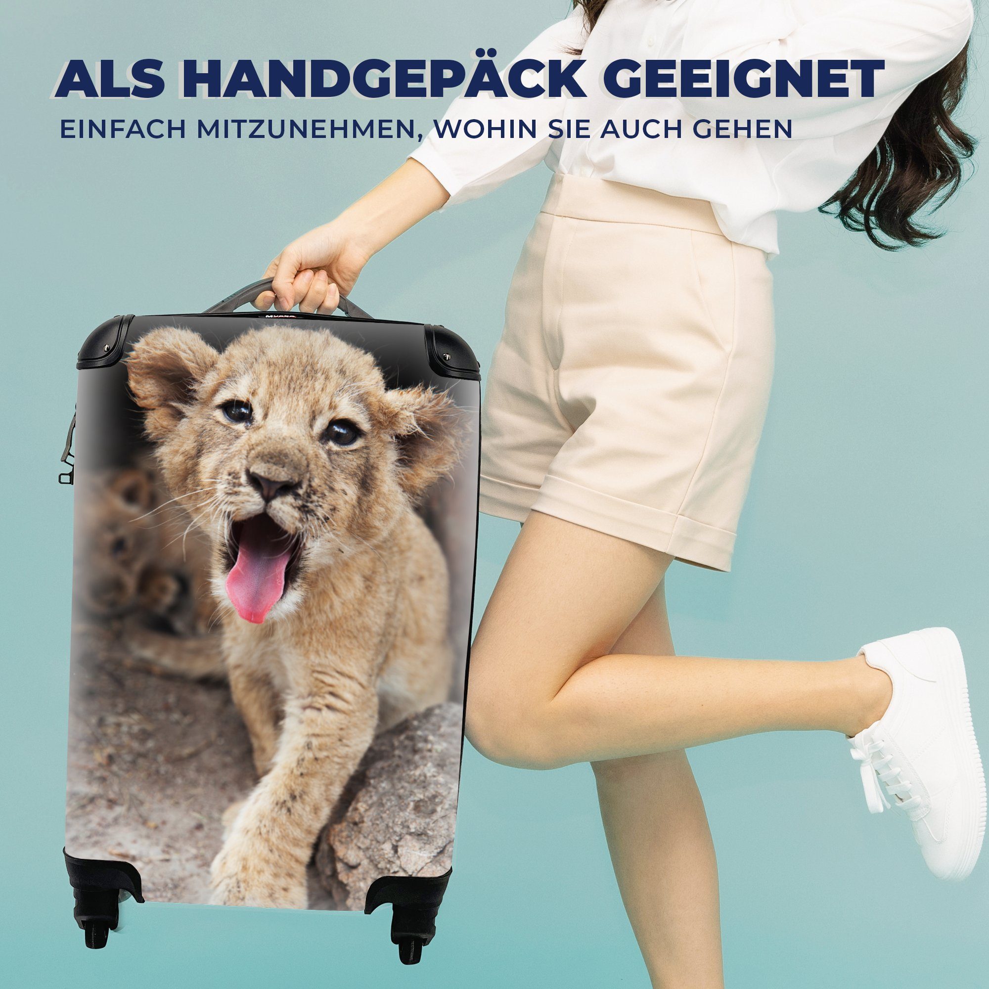 - Niedlich, mit für Jungtier Reisetasche Handgepäck Löwen rollen, Rollen, Handgepäckkoffer Trolley, - MuchoWow Ferien, 4 Reisekoffer