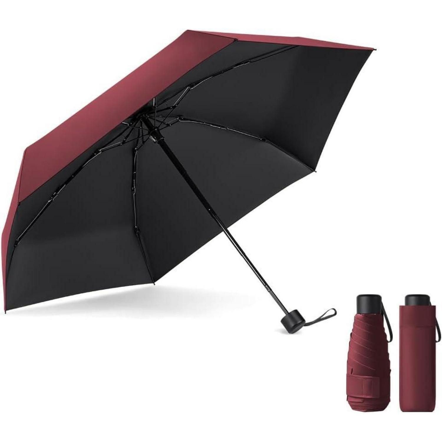 LuxusKollektion Taschenregenschirm Taschenschirm mini faltbar UV Sonnenschutz 6 Edelstahlrippen Weinrot