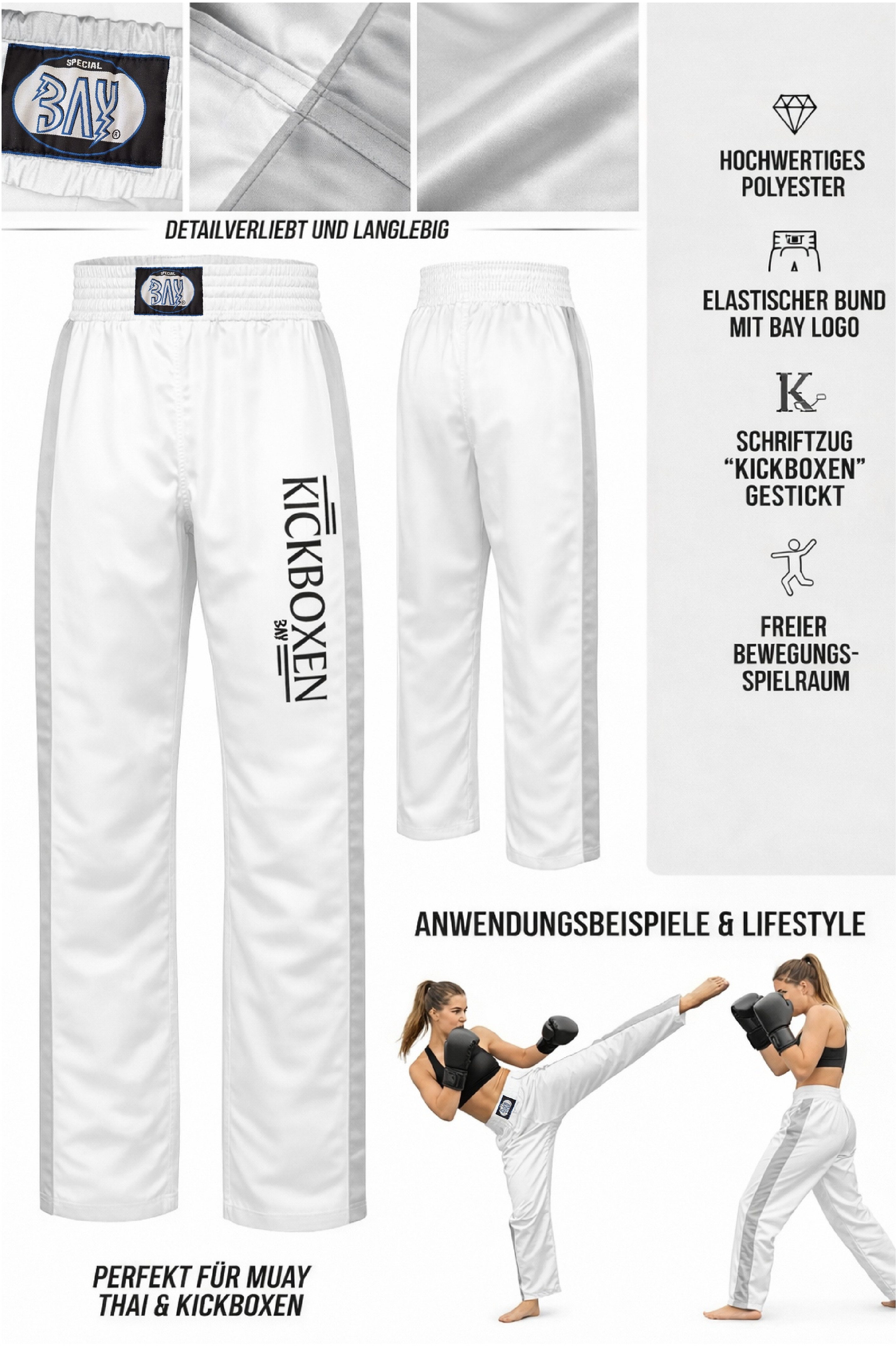 BAY-Sports Sporthose Kickboxhose EDEL STICK Hose lang Kickboxen Kampfsport Kampfsporthose Kinder und Erwachsene, lang, Weiß/Silbergrau