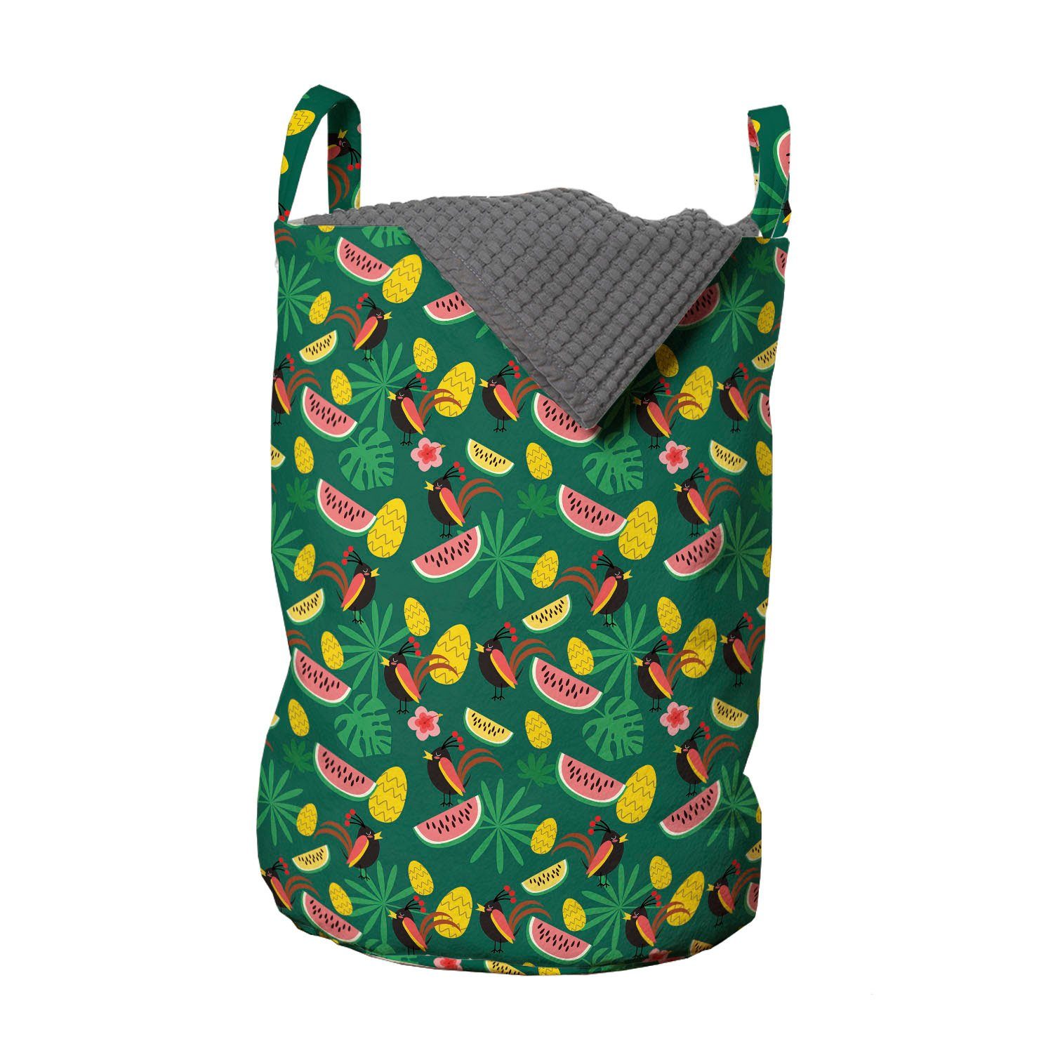 Abakuhaus Wäschesäckchen Wäschekorb mit Griffen Kordelzugverschluss für Waschsalons, Tropisch Crested Vogel Wassermelone