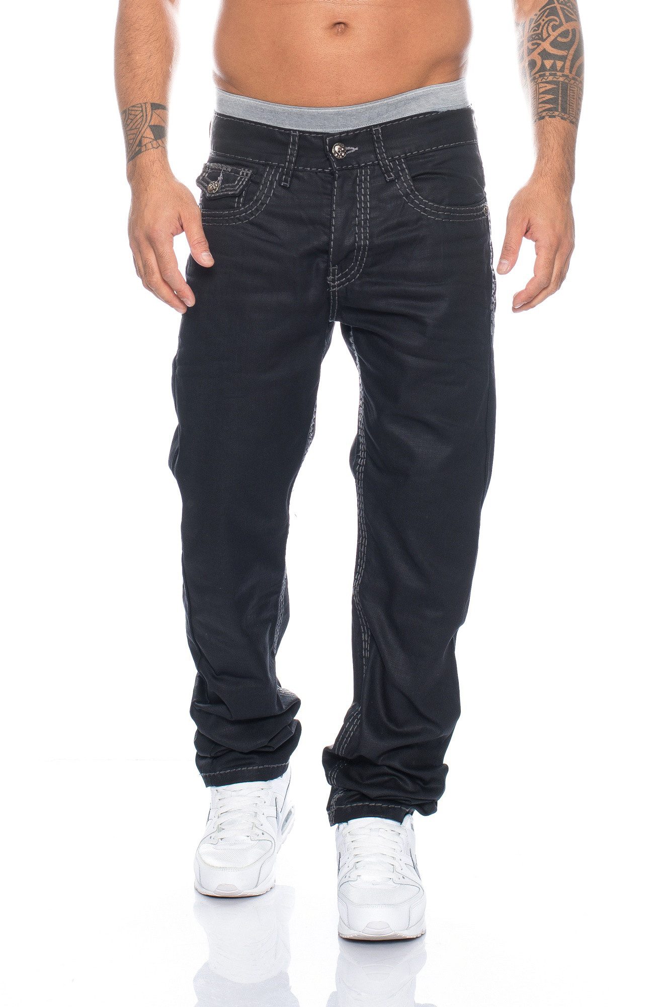 Cipo & Baxx Regular-fit-Jeans Herren Jeans Hose mit stylischen Applikationen und gewachster Waschung Dicke Nähte