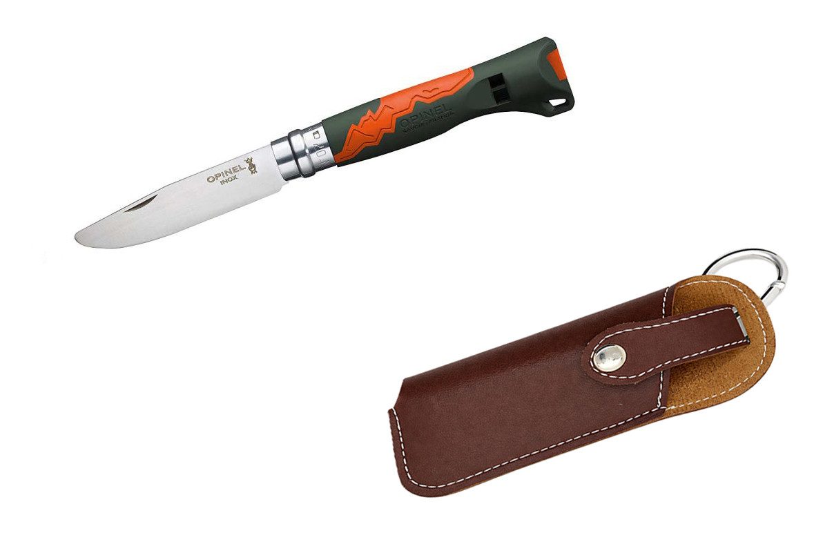Opinel Taschenmesser Opinel No 07 OUTDOOR JUNIOR grün/orange inkl. Etui, (mit passendem Messer-Etui, Kinder-Schnitzmesser mit abgerundeter Klingenspitze), „Mein erstes Schnitzmesser von Opinel“